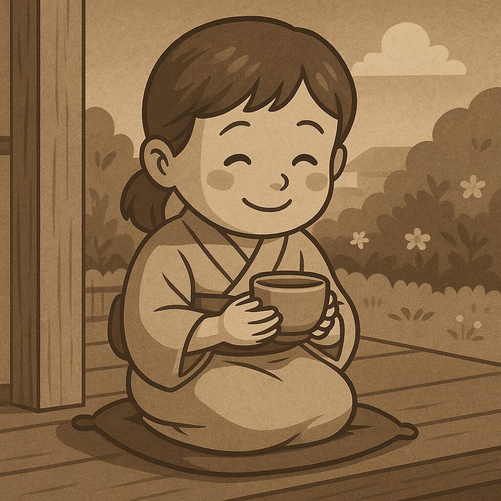 セピア調で描かれた子供のころの「おばば」。小さな女の子が縁側に座り、湯のみを両手で持って微笑んでいる。背景には昔ながらの日本家屋の庭があり、全体が温かみのあるノスタルジックな雰囲気。