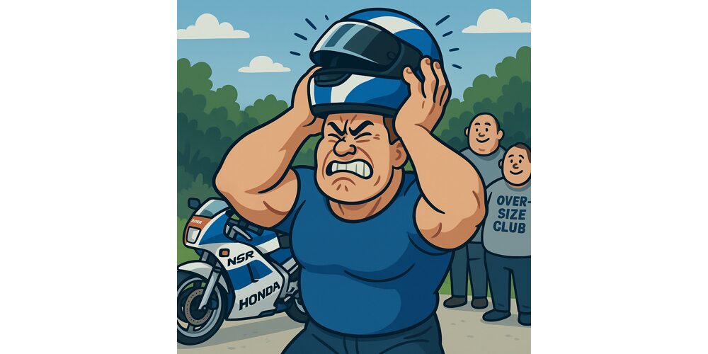 頭囲62cmの男性が、青と白のフルフェイスヘルメットを必死に被ろうとしている場面。ヘルメットは耳までしか入らず、顔をしかめて力を込めている。背景にはバイクと、笑いながら見守るオーバーサイズ倶楽部の仲間たちが立っている。