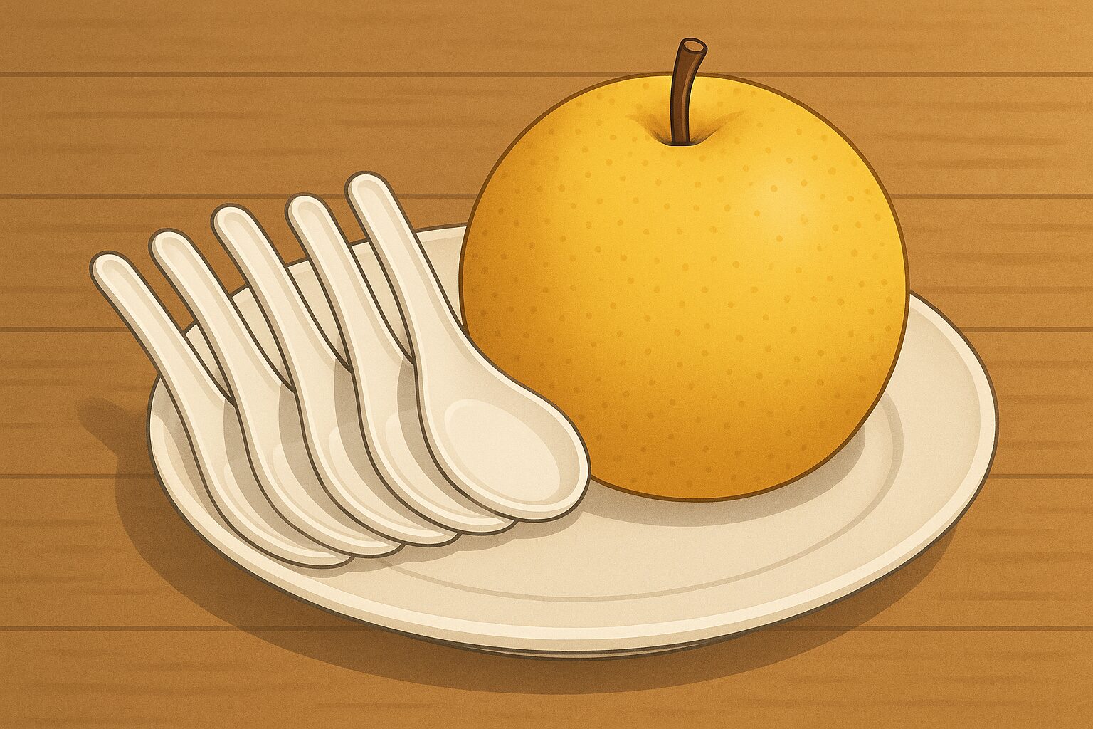 小さな白い平皿の上に、直径30cmほどの大きなナシと、新品の中華レンゲ5本が並んでいる。レンゲはピカピカで整然と並び、木目のテーブルの上で温かみのある色合いに包まれたイラスト。