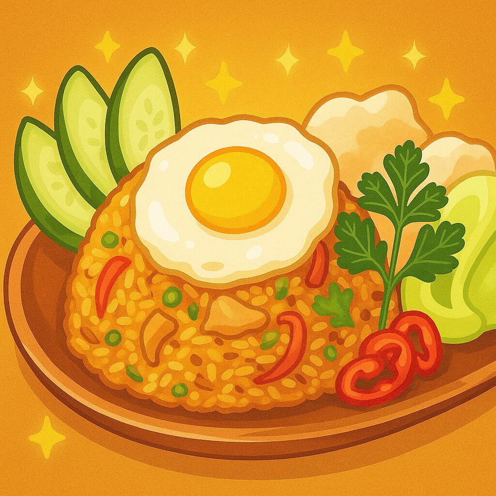 木の皿に盛られたナシゴレン。中央に目玉焼きがのり、まわりにはキュウリ、チリ、パセリ、野菜が色鮮やかに添えられている。全体がキラキラ輝き、香ばしさと温かさを感じる漫画風のイラスト。