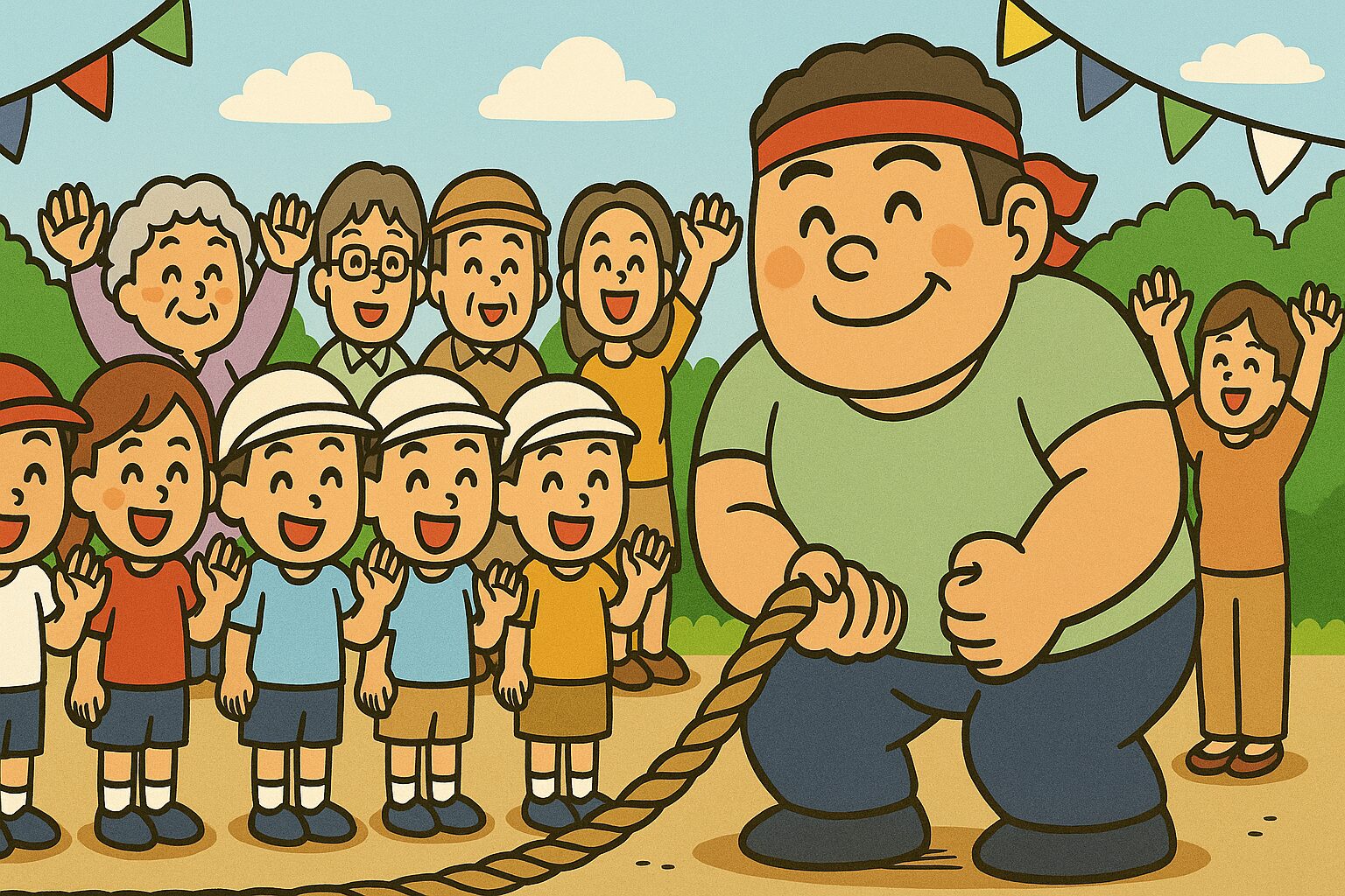 運動場で大縄跳び対決の前に、巨漢のお父さんと子どもたちのチームが整列し、観客の地域の人々に笑顔で手を振っている。お父さんは赤いハチマキを締め、チームメンバーの子どもたちは元気いっぱい。背景には旗が揺れ、みんなの笑顔が広がる明るいイラスト。