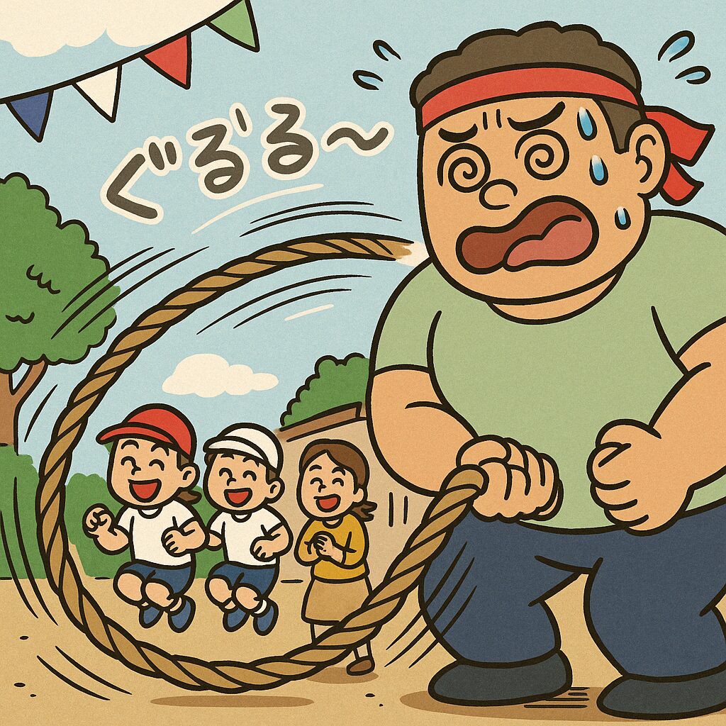 運動場で大縄跳び対決で、巨漢の赤いハチ巻きをつけたお父さんが縄を必死に回している。チームの子どもたちは楽しそうに縄を飛んでいるコミカルなイラスト。