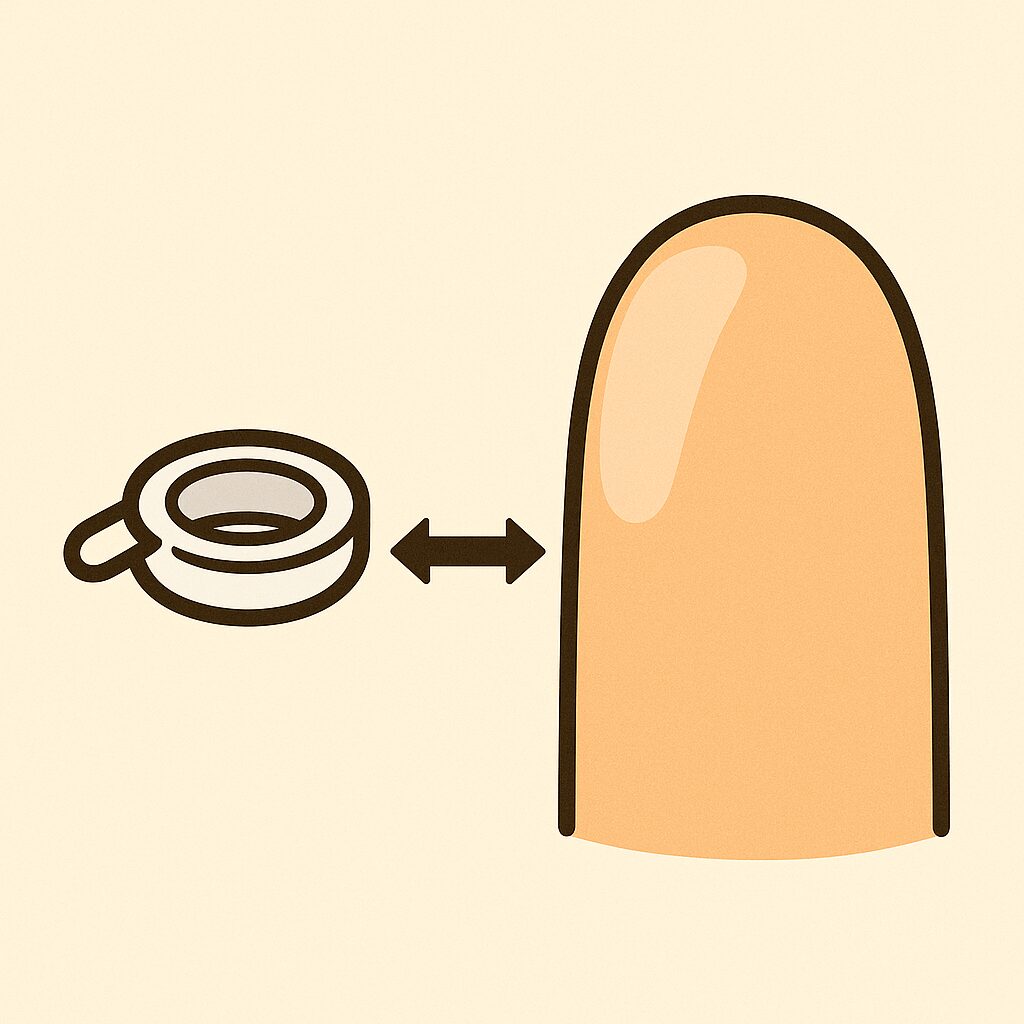 おゆびたんの太い指先と、ソースの中蓋の小さなリングが並んで描かれている。指先はリングの約2倍の大きさで、黒い矢印が両者の比較を示している。柔らかい色調で描かれた漫画風の説明イラスト。