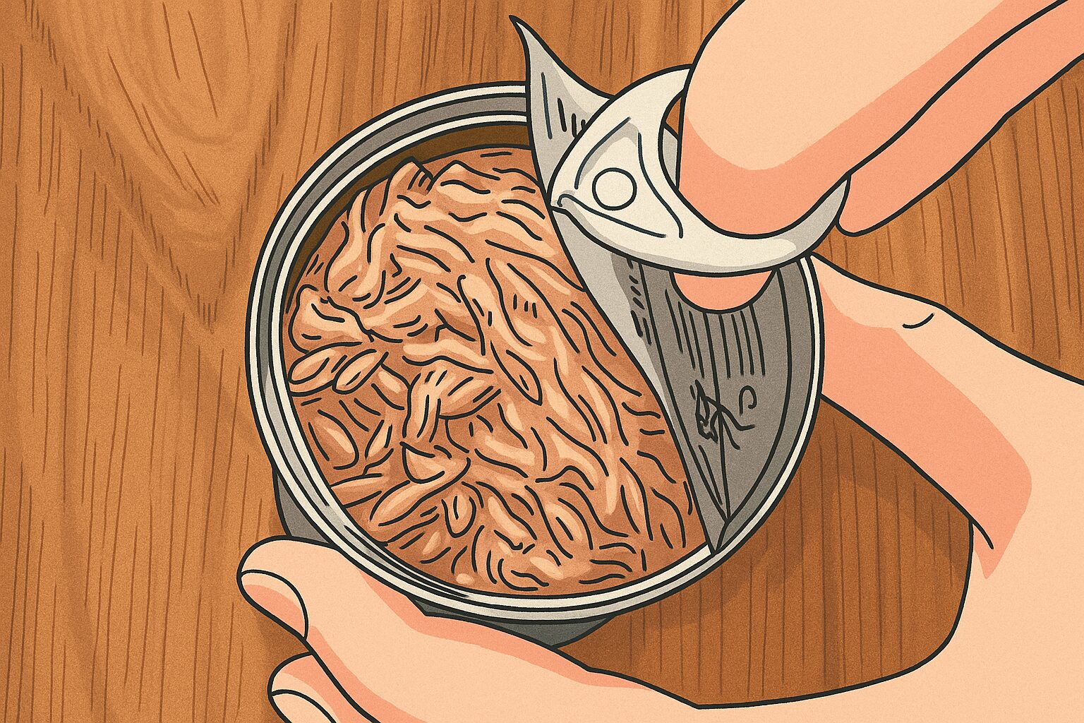 「木のテーブルの上で、ツナ缶のタブに人差し指を掛けてふたを開けている様子のイラスト。中にはほぐされたツナが見えている。」