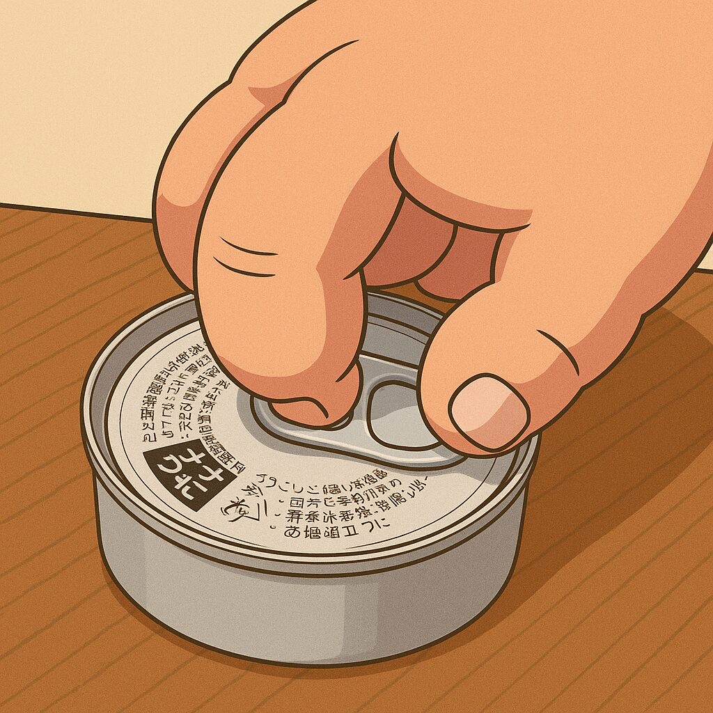 ツナ缶の小さなタブに太い指を入れようとしても入らず、蓋を開けられずに困っているおゆびたんの手元の様子。木のテーブルの上で、缶詰と格闘しているコミカルな場面。