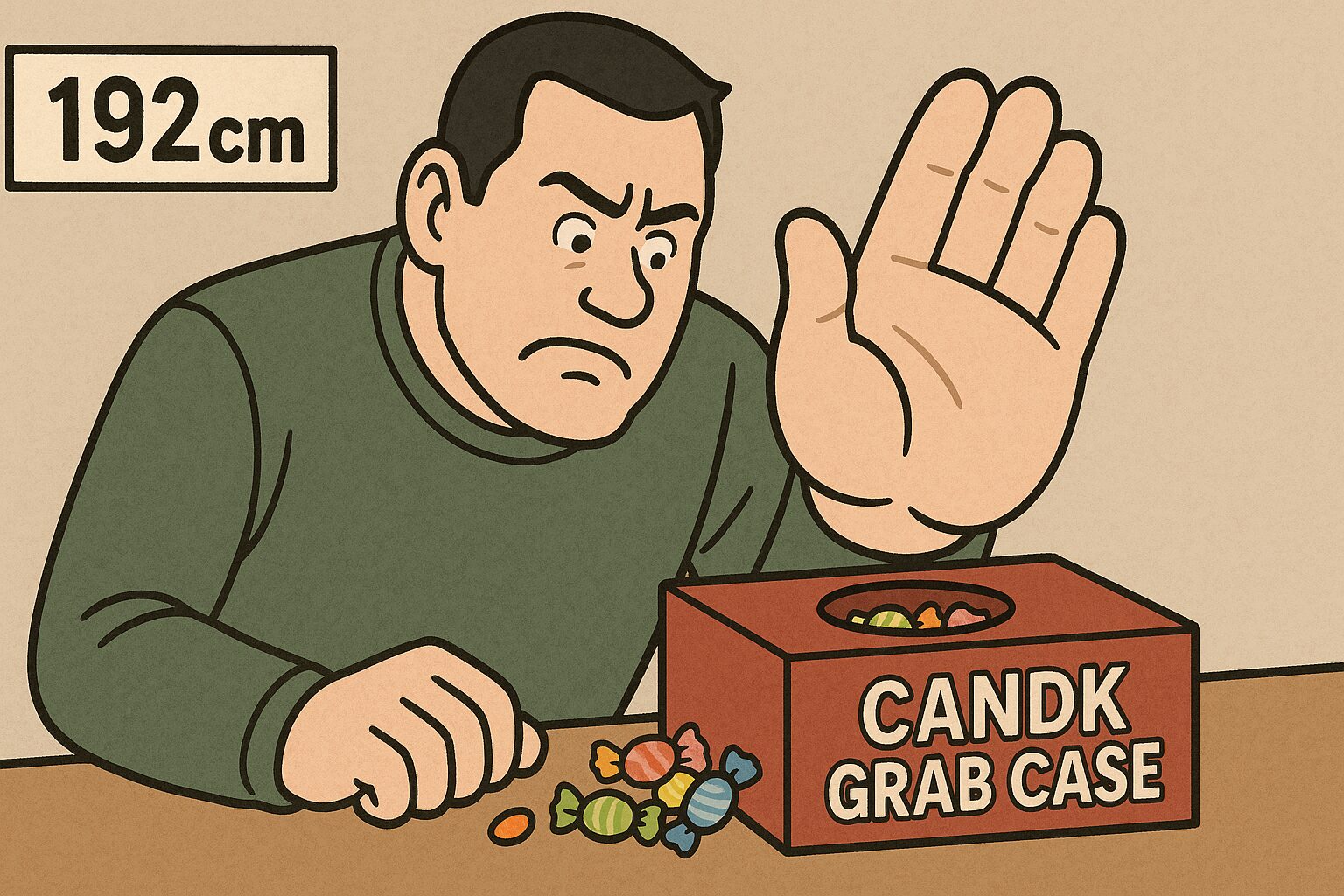 「身長192cmで手が相撲取りより大きいオーバーサイズ倶楽部のパータンが、飴のつかみ取りに挑戦するが、手が大きすぎてケースの小さな穴に入らず困っているコミカルな場面。」