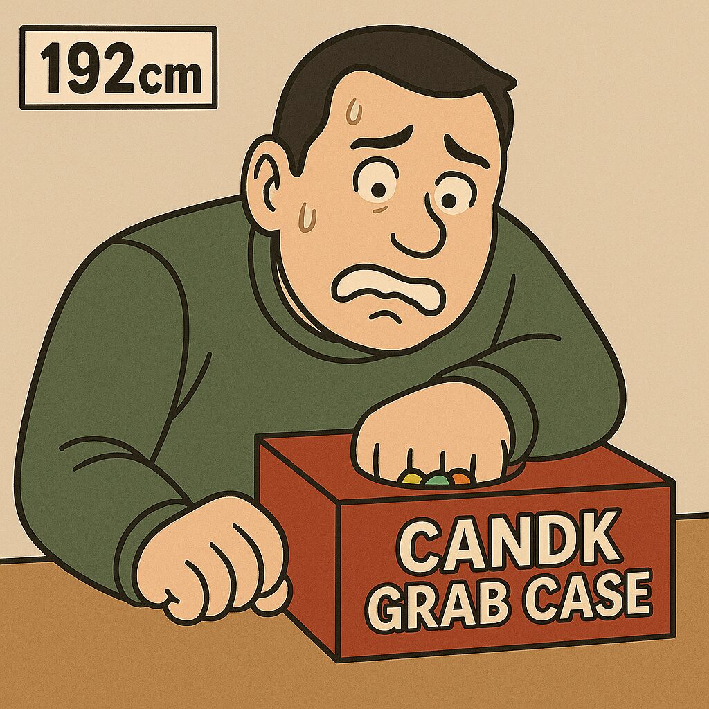 「身長192cmのパータンが、飴のつかみ取りに挑戦して箱の小さな穴に左手を入れたまま抜けなくなり、困った表情を浮かべている様子。赤い“CANDK GRAB CASE”の箱とカラフルな飴玉が描かれている。」