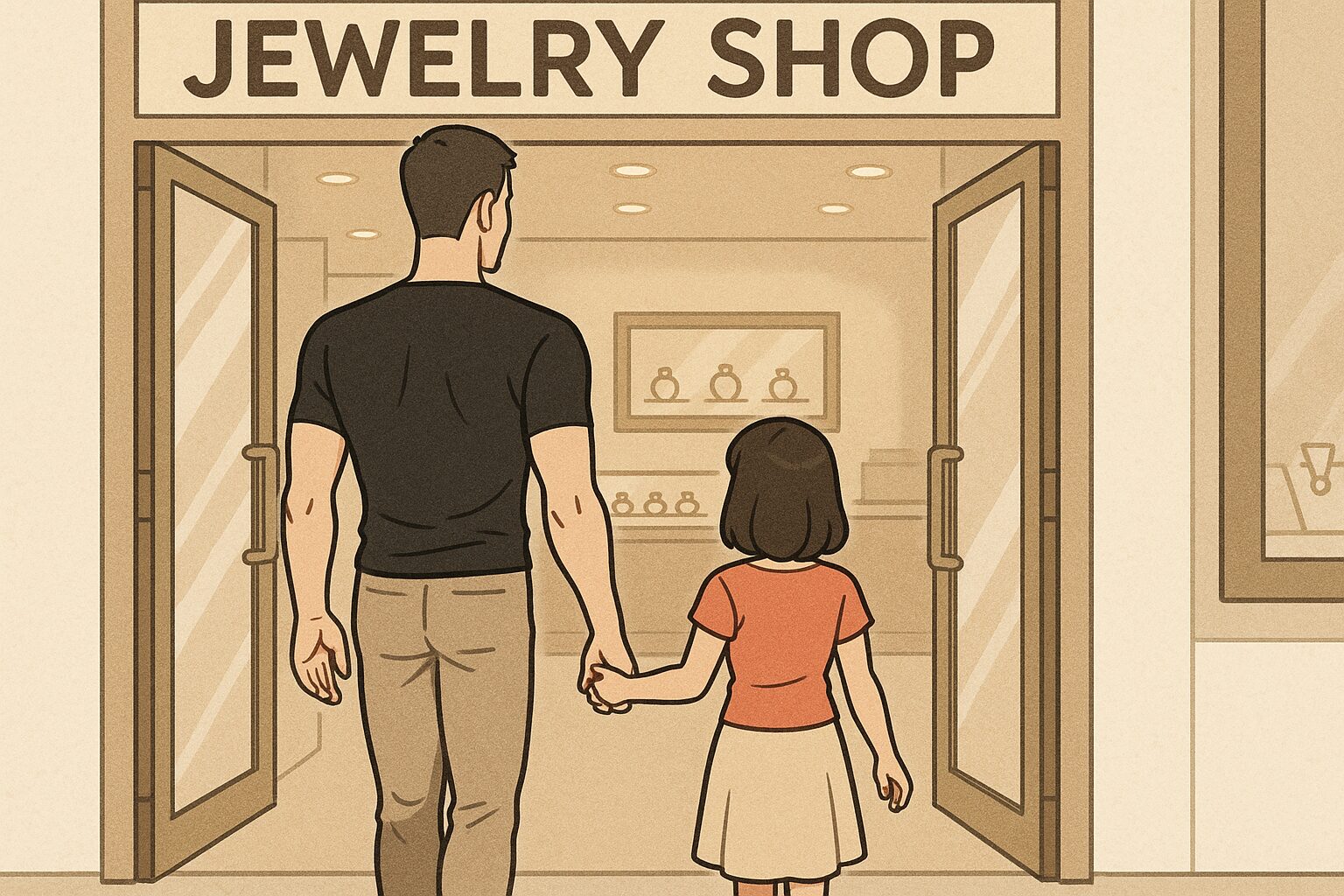 身長192cmの細マッチョな男性と、150cm未満の小柄な奥さんが手をつないでジュエリーショップに入っていく後ろ姿。明るい店内のショーウィンドウには指輪が並び、幸せな雰囲気が漂っている。