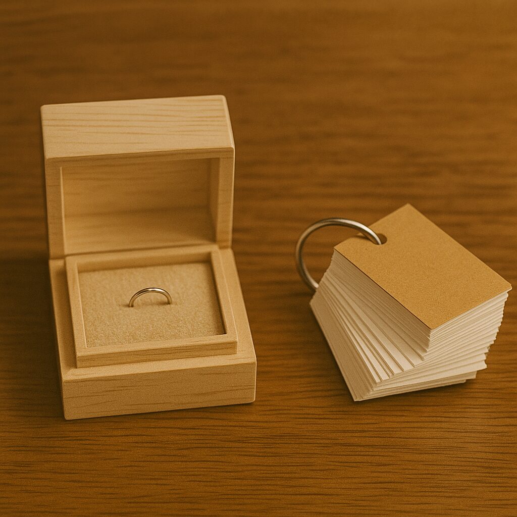 ジュエリーショップの桐の箱の中に、小さな5号サイズの結婚指輪と、なぜか単語帳が一緒に入っている様子。木目のテーブルの上で、上品さと笑いが同居する不思議な組み合わせを描いたイラスト。