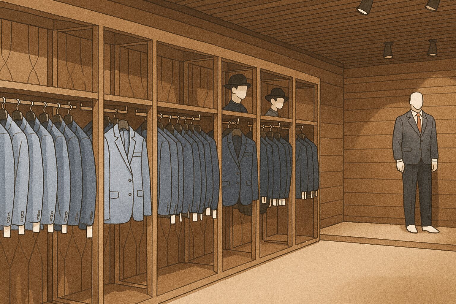 木目調の店内に、青系のスーツが整然と並ぶ吊るし売りコーナー。棚の右側にはマネキンがスーツを着て立っており、落ち着いた照明が全体を照らしている。高級感のある紳士服売り場のイラスト。