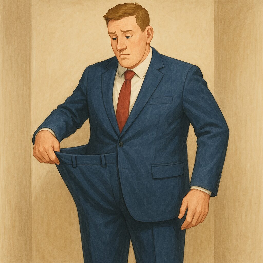 身長192cm・腹囲100cmの男性が、スーツの上下を試着中。上着はジャストサイズだが、ズボンは明らかにブカブカで、立ったままお腹のあたりを両手で引っ張って余り具合を確かめている。試着室で困ったような表情を浮かべる様子がコミカルに描かれている。