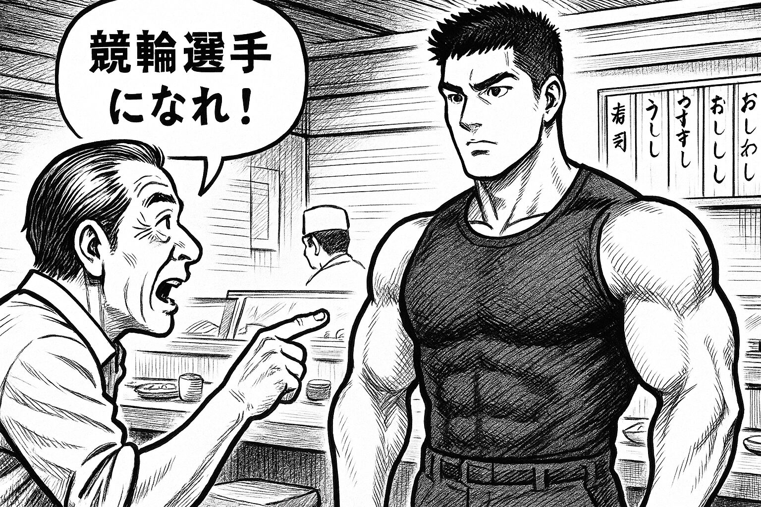 お寿司屋のカウンターで、常連客の男性が情熱的に「競輪選手になれ！」と指を差して叫んでいる。隣には、高校生で身長189cm・太もも70cmのマッチョな青年が、真剣な表情で話を聞いている。背景には寿司職人と寿司のネタケース。劇画風モノクロ漫画調の力強い線画で描かれている。