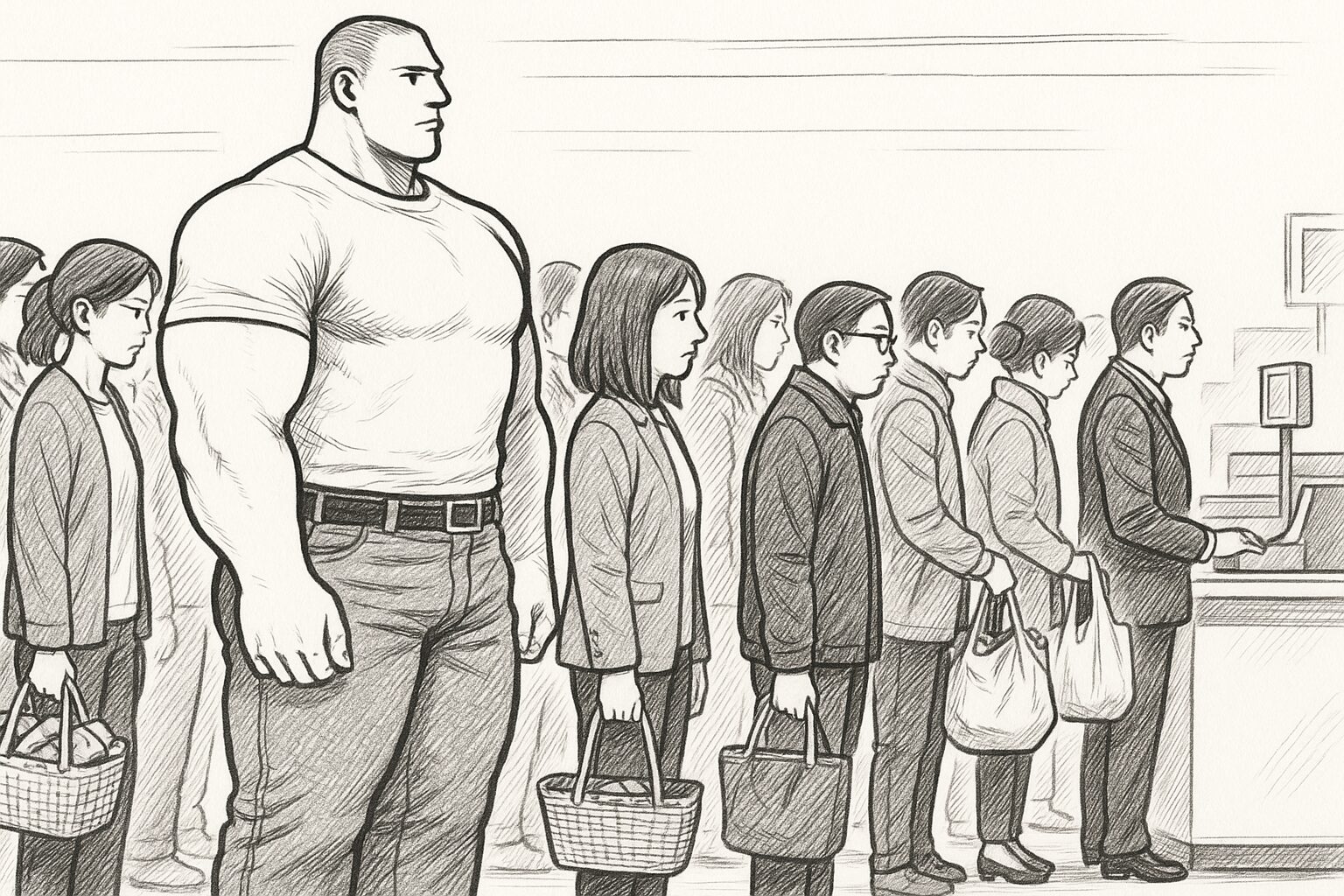スーパーのレジ前で、身長192cm・体重115kgのマッチョな男性タッカーズが、他の買い物客と同じ方向に並んでいる。行列は人と人の隙間がないほどぎっしり詰まっており、タッカーズは周囲より頭一つ分大きく、肩をすぼめながらも静かに順番を待っている。横から見たモノクロ線画で描かれた混雑したレジ行列の光景。