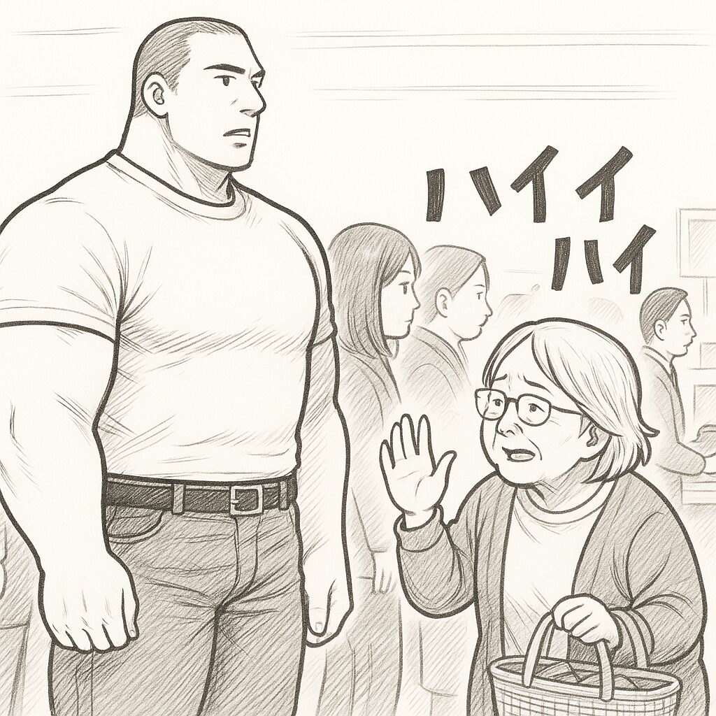 スーパーのレジ前で、身長192cm・体重115kgのマッチョなタッカーズが行列に並んでいる。隙間のない行列の中、おばちゃんが「ハイハイ、すみませんね」と手を上げながら、なぜかタッカーズの前を強引に通り抜けようとしている。タッカーズは驚きつつも優しく道を譲る表情。モノクロ漫画調のコミカルなイラスト。