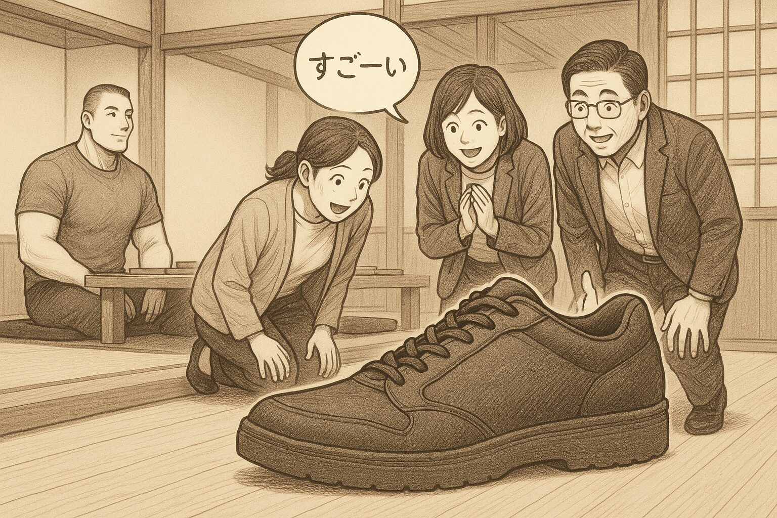 座敷に上がるタイプの居酒屋で、身長192cmのタッカーズが先に上がって座っている。入口には、全長35cmの巨大な靴が置かれ、そのサイズに驚いた仲間たちが「すごーい！」と声を上げて集まっている。大型戦車のラジコンカー並みの靴が主役の、温かくユーモラスな場面を描いたイラスト。