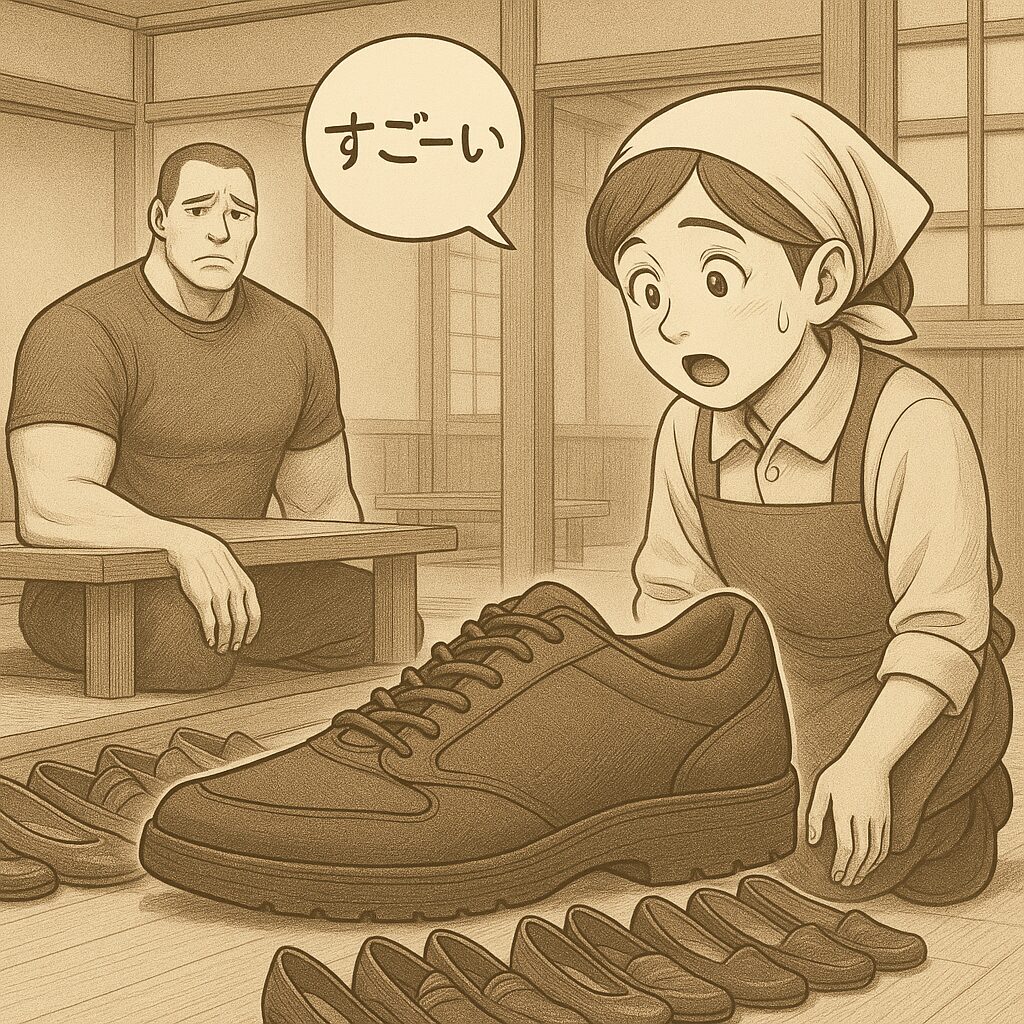 座敷のある居酒屋で、ハミ出しシューズ団団長が奥の席に座り、少し切ない表情を浮かべている。座敷の下では、三角巾を被りエプロンをした若い女性店員が、他の客の靴を整頓しながら、団長の特大サイズ（31cm）の靴を見て「すごーい」と驚いている。木のぬくもりと照明の柔らかさが漂う、温かくユーモラスな一場面。