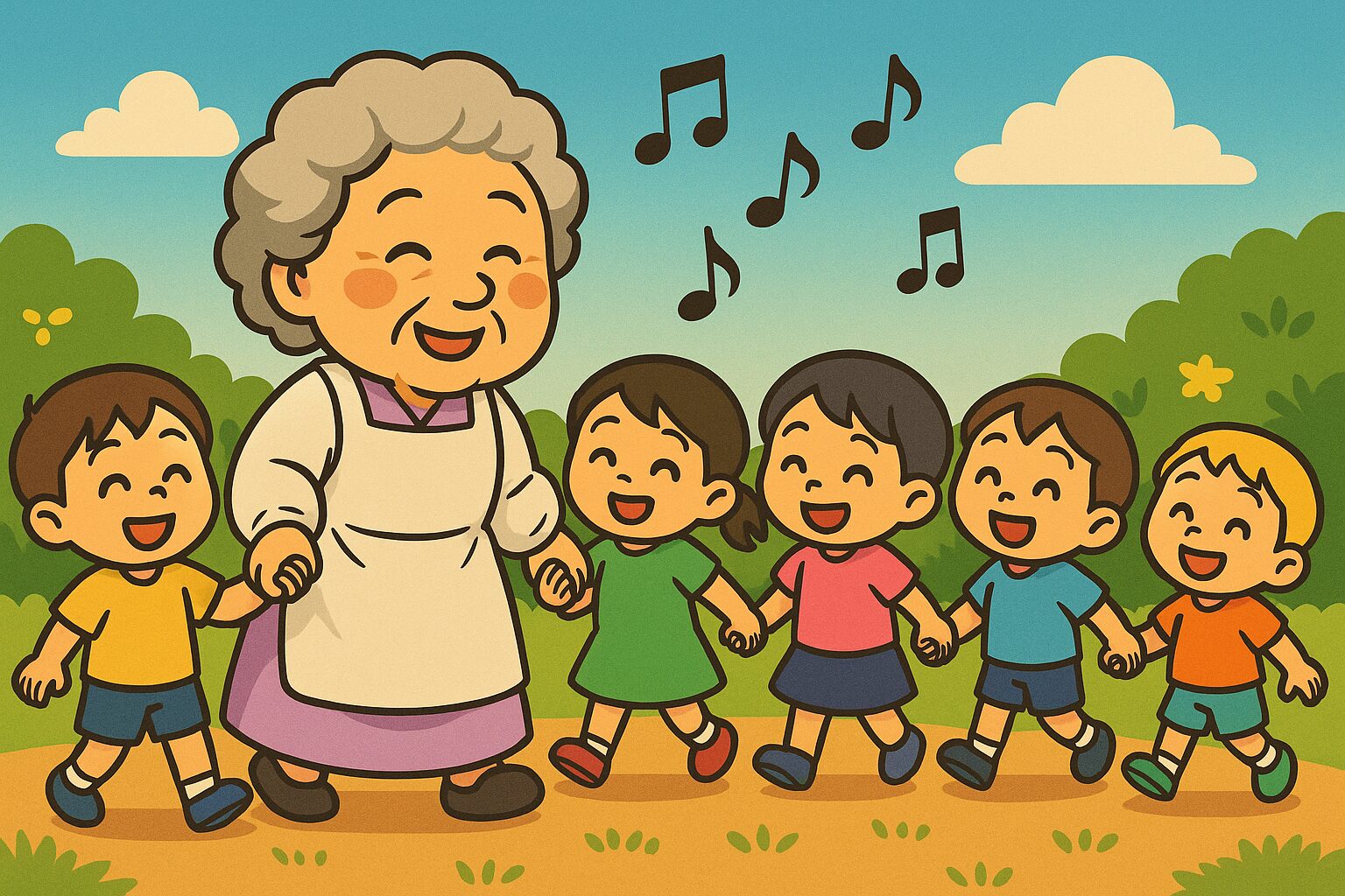 晴れた園庭で、割烹着姿のオババ先生が園児たちと手をつないで歌いながら歩いている。子どもたちは色とりどりの服を着て笑顔いっぱい。空には音符が浮かび、楽しそうな歌声が広がる、明るく優しい雰囲気のイラスト。