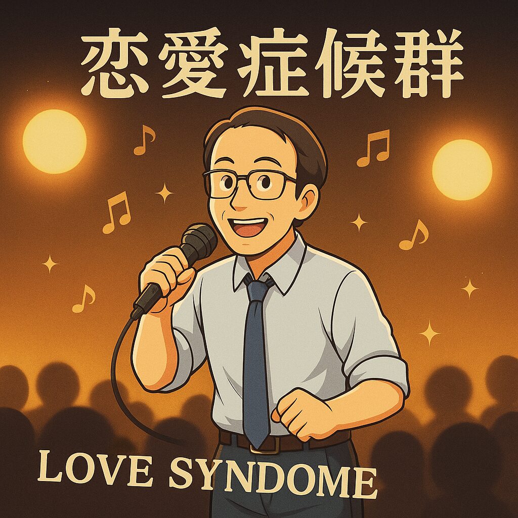 アニメ風に描かれたレコードジャケット。ステージライトに照らされながら、眼鏡をかけた男性シンガーがマイクを手に笑顔で歌っている。背景には観客のシルエットと音符が浮かび、上部に「恋愛症候群」、下部に英語で「LOVE SYNDROME」と書かれたレトロで温かみのあるデザイン。