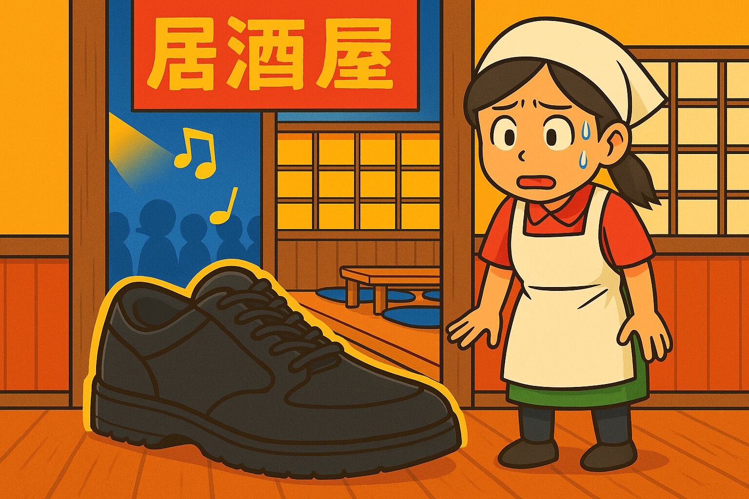 居酒屋の座敷前で、三角巾をかぶった若い女性店員が、大きな黒い靴を見て驚きの表情で固まっている。靴はサイズ31cmの特大サイズで、木の床に置かれたその存在感に店員が汗を浮かべてフリーズしている様子。背景には暖簾や座敷が見え、原色系の明るい色で描かれたコミカルなイラスト。