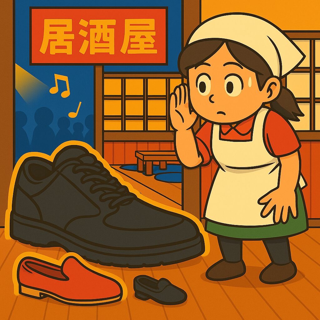 居酒屋の座敷前で、若い女性店員が周囲をキョロキョロ見回しながら、誰も見ていないことを確認している。彼女は自分の小さな靴を、31cm（外観は35cm以上）の巨大な靴の隣にそっと並べ、大きさの違いに目を丸くしている。木の床と暖簾が見える温かみのある店内で描かれた、コミカルでほのぼのとしたイラスト。