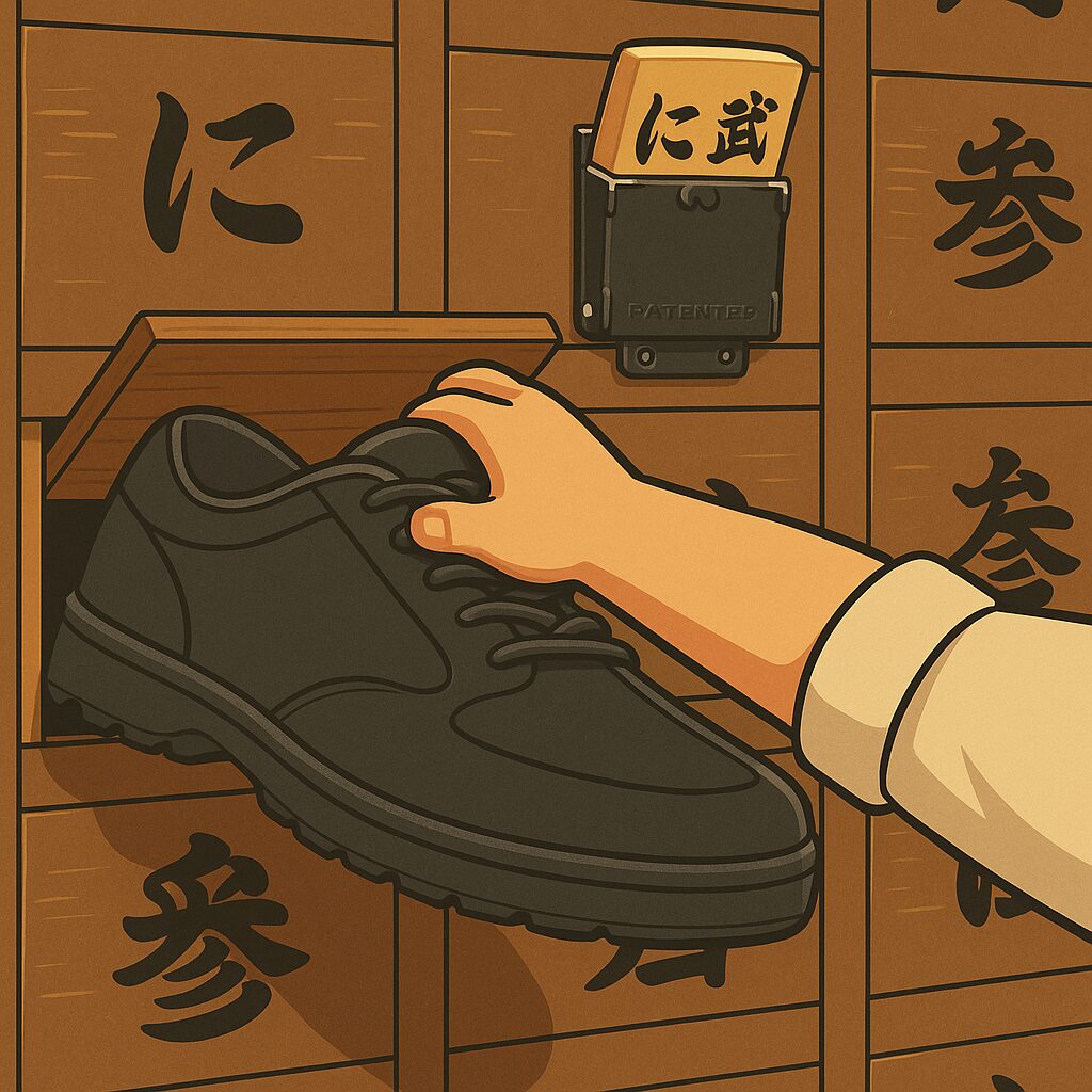 居酒屋の入り口にある木製の下駄箱の前で、男性が蓋を開け、特大サイズの靴（31cm・全長35cmほど）を必死に押し込もうとしている。靴は下駄箱に収まりきらず、手前で引っかかっている。木の質感と暖簾のある背景が、温かみとユーモアを添えるイラスト。