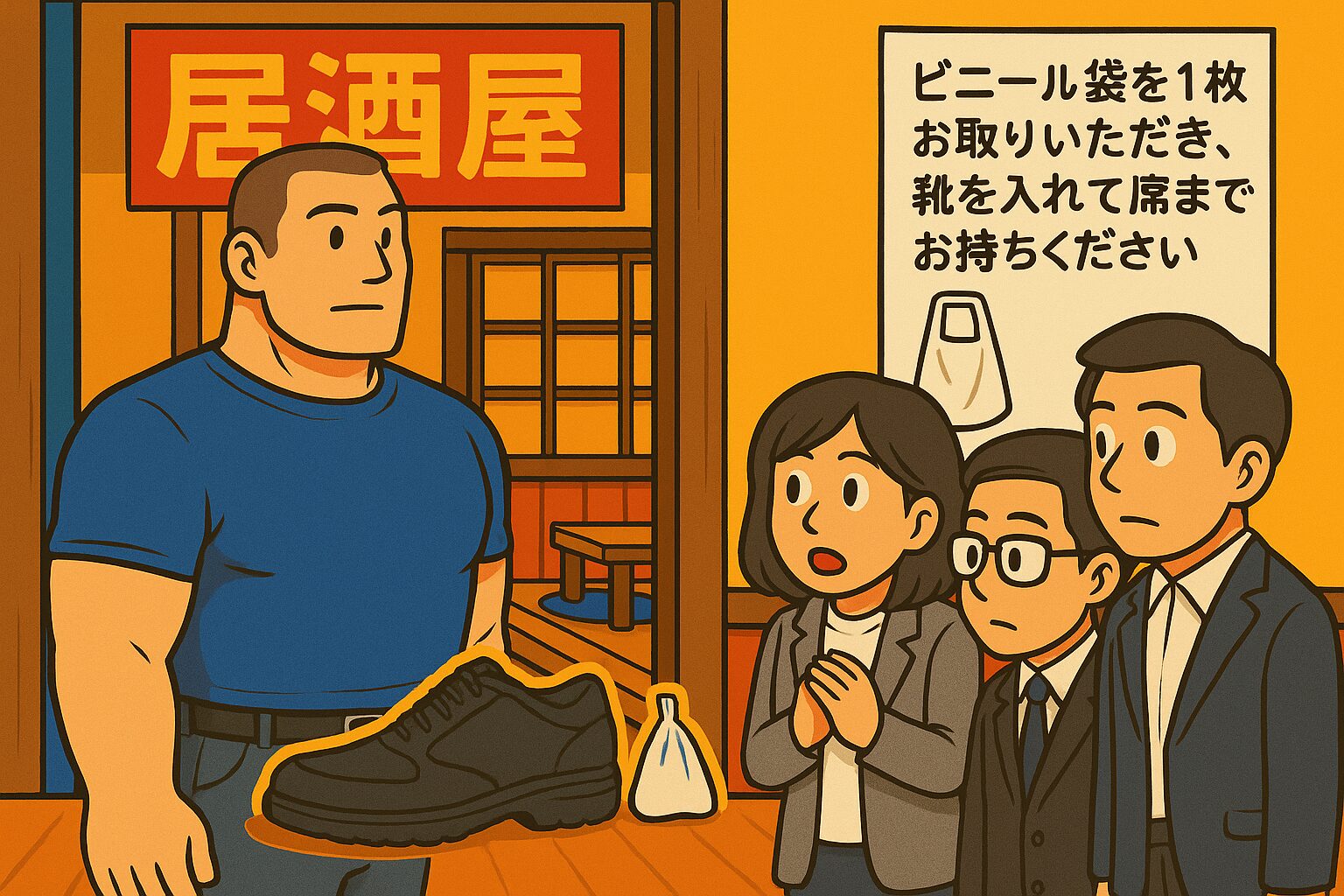 居酒屋の入り口で、ハミ出しシューズ団団長（身長192cm・足サイズ31cm）が、壁に貼られた「ビニール袋を1枚お取りいただき、靴を入れて席までお持ちください」という張り紙を見て困惑している。横にはスーツ姿の同僚や後輩が立ち、驚いた表情で掲示を見上げている。団長の手元には大きすぎる靴と小さなビニール袋。明るい原色系で描かれたコミカルなイラスト。