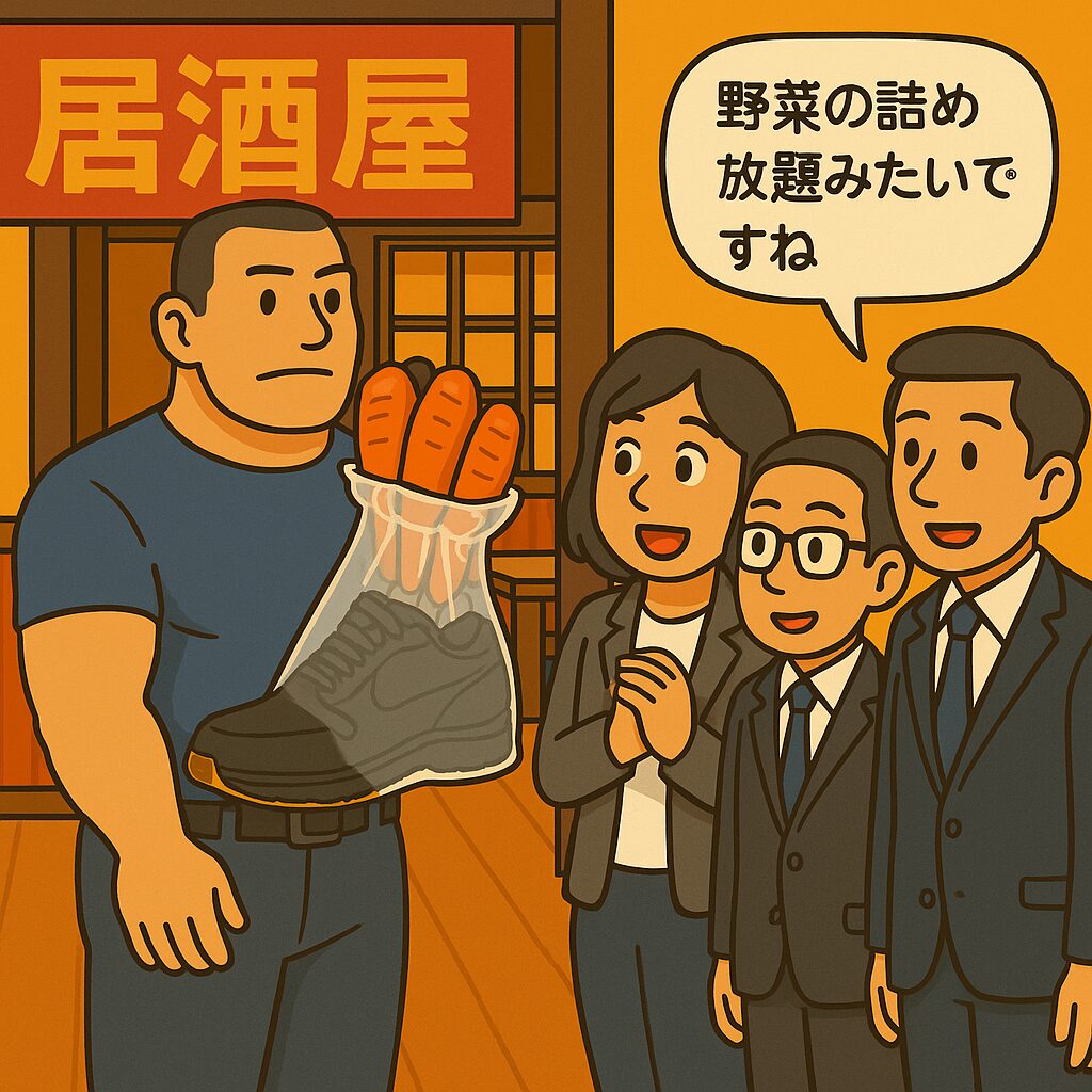 居酒屋の入り口で、身長192cm・足のサイズ31cmのハミ出しシューズ団団長が、ビニール袋を必死に伸ばして全長35cmの靴のつま先だけを入れている。袋から靴が大きく飛び出し、それを見た後輩が「野菜の詰め放題みたいですね」と笑っているコミカルなシーン。