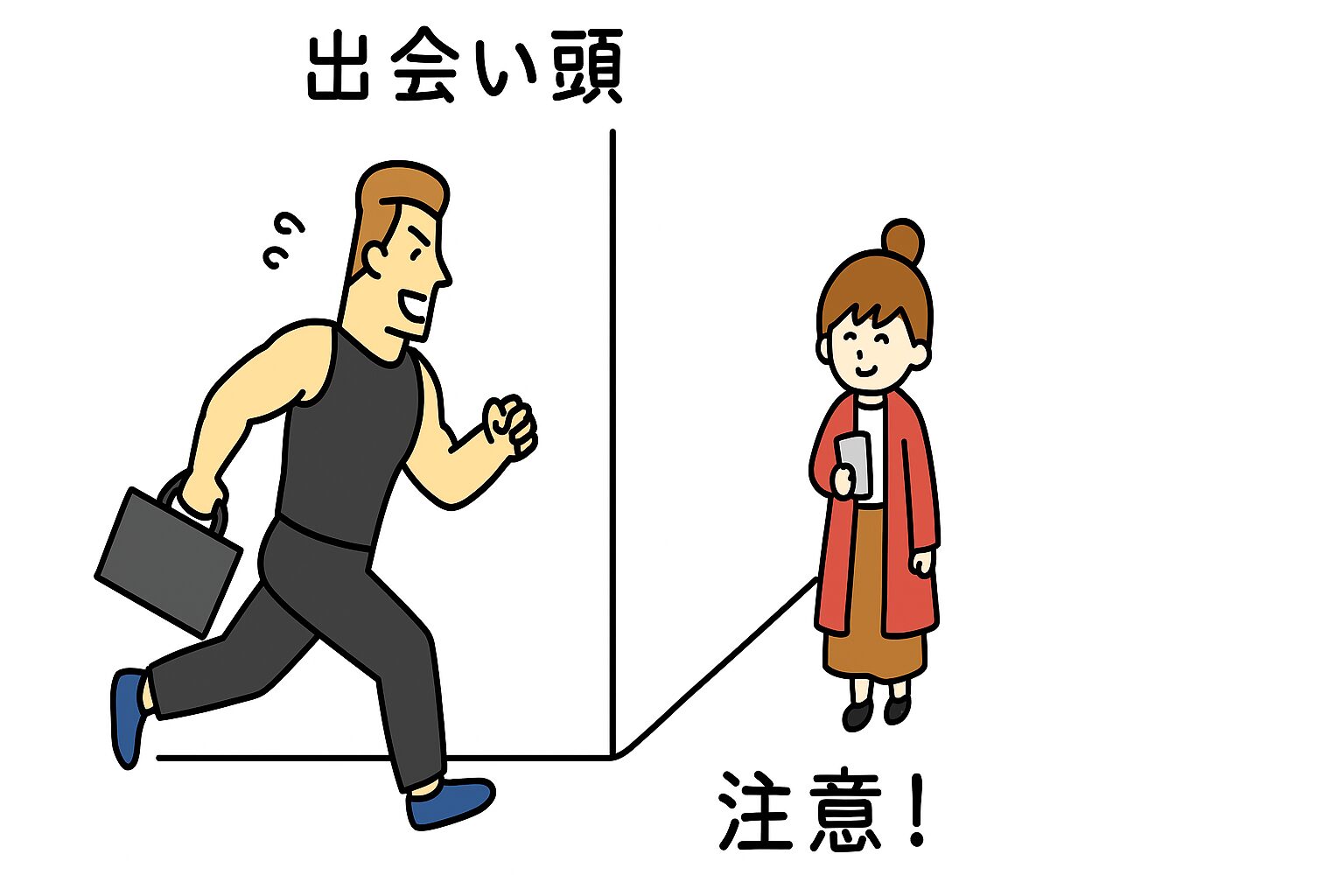 「曲がり角の手前で、身長2ｍの細マッチョな男性（タッカーズ）と、身長140cmの女子高生が、それぞれ別の方向から歩いてきている様子。まだお互いに気づいていない、出会いがしらの一歩手前の場面。」