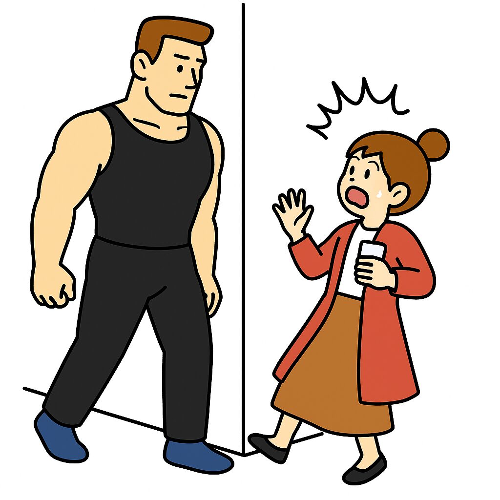 「曲がり角で、身長2ｍのタッカーズと出会いがしらに遭遇して驚き、のけぞる女性。女性の目線の先にはタッカーズの胸があり、思わず驚いた様子の場面。」