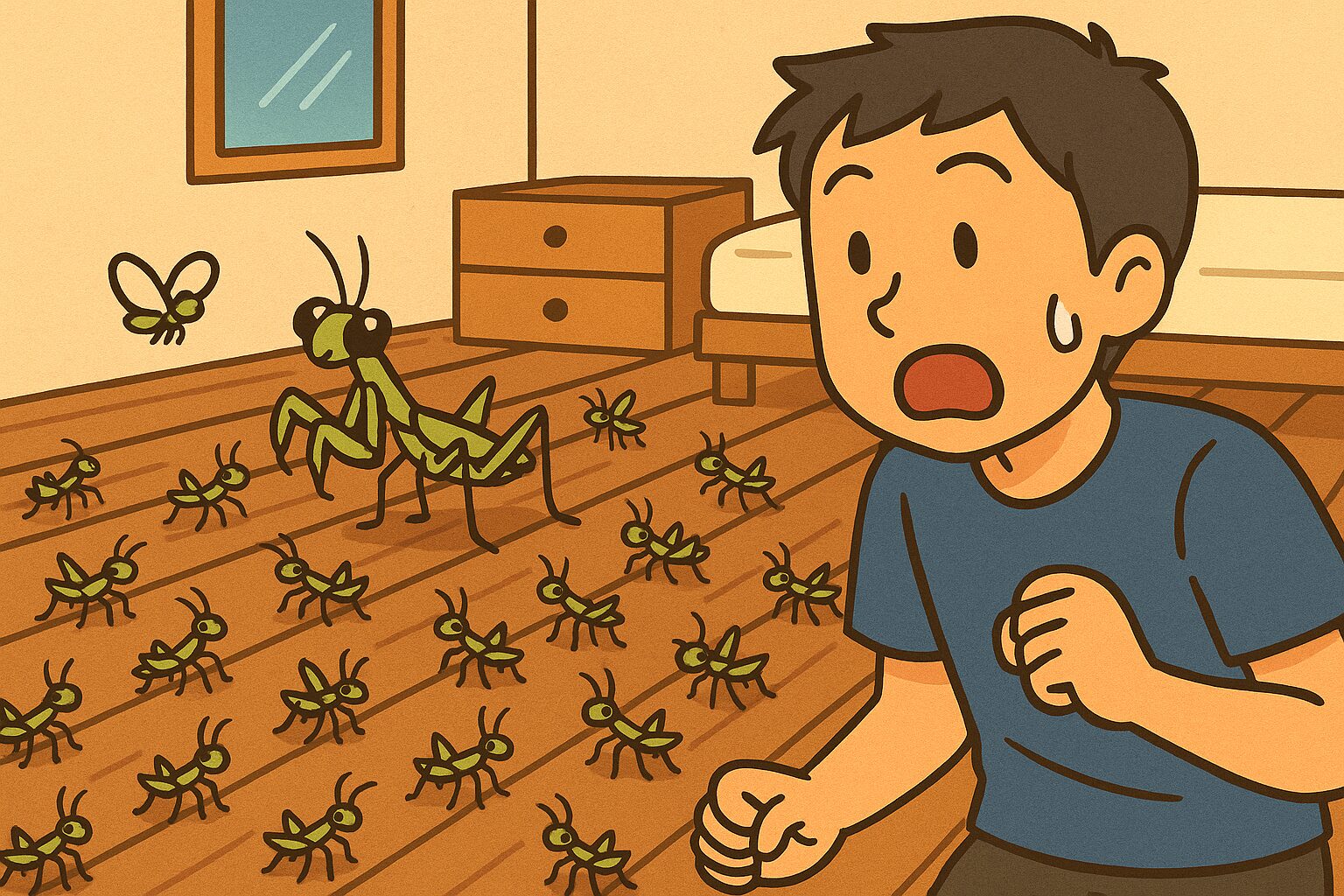 「一人暮らしの男性のアパートの部屋の床を、赤ちゃんカマキリがたくさんヨチヨチと歩いている。男性は驚いた表情で後ずさりし、部屋にはベッドやタンスなどが見える。」