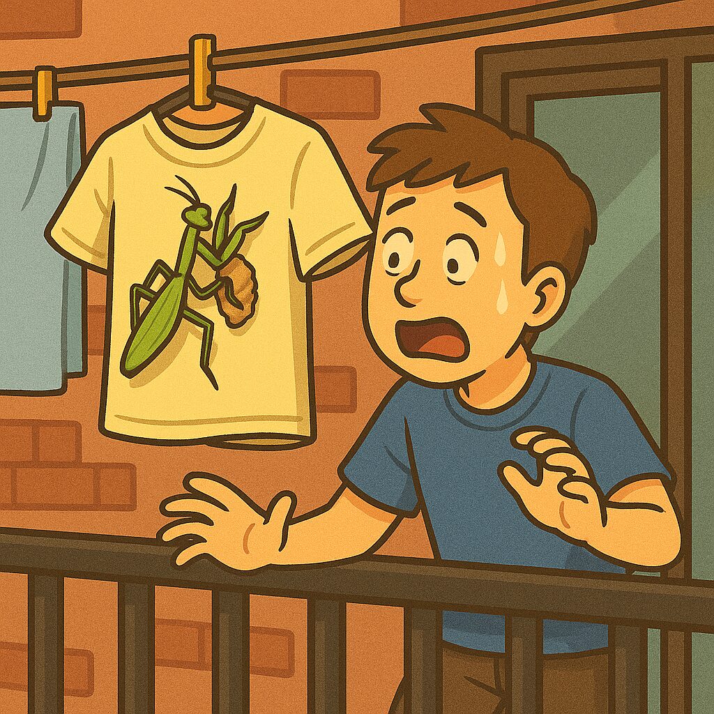 「アパートの1階のベランダで洗濯物を干していた男性が、Tシャツにカマキリが卵を産み付けているのを見つけて驚いている。Tシャツの袖にカマキリと卵があり、男性は汗をかいて後ずさりしている様子。」