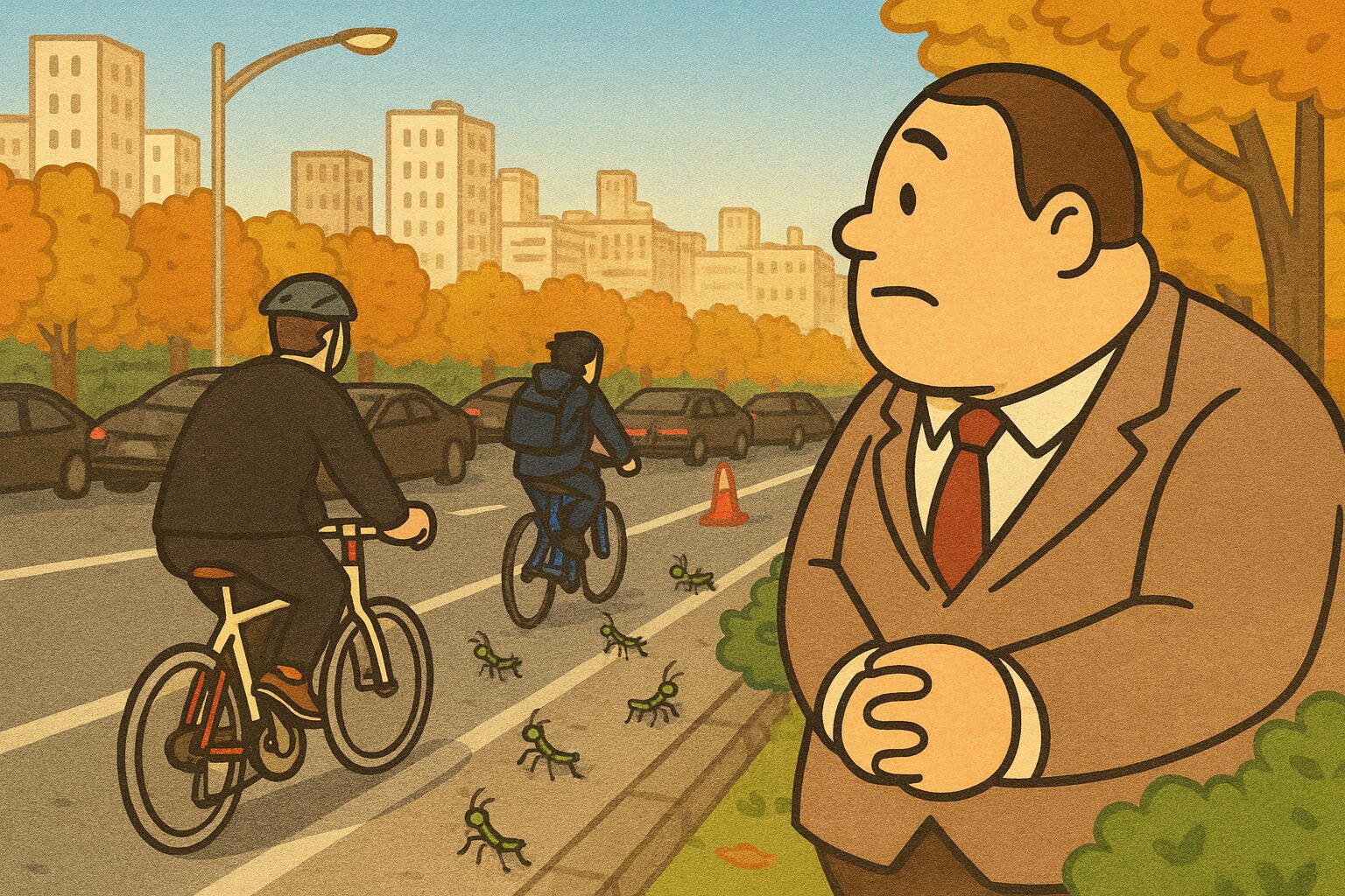 「都会の朝、自転車通勤をする会社員たちがバイクレーンを走り抜けていくのを、スーツ姿の大柄な男性・おもリッチが歩道から憧れのまなざしで見つめている。背景には高層ビルと渋滞する車列があり、秋の街路樹が色づいている。」