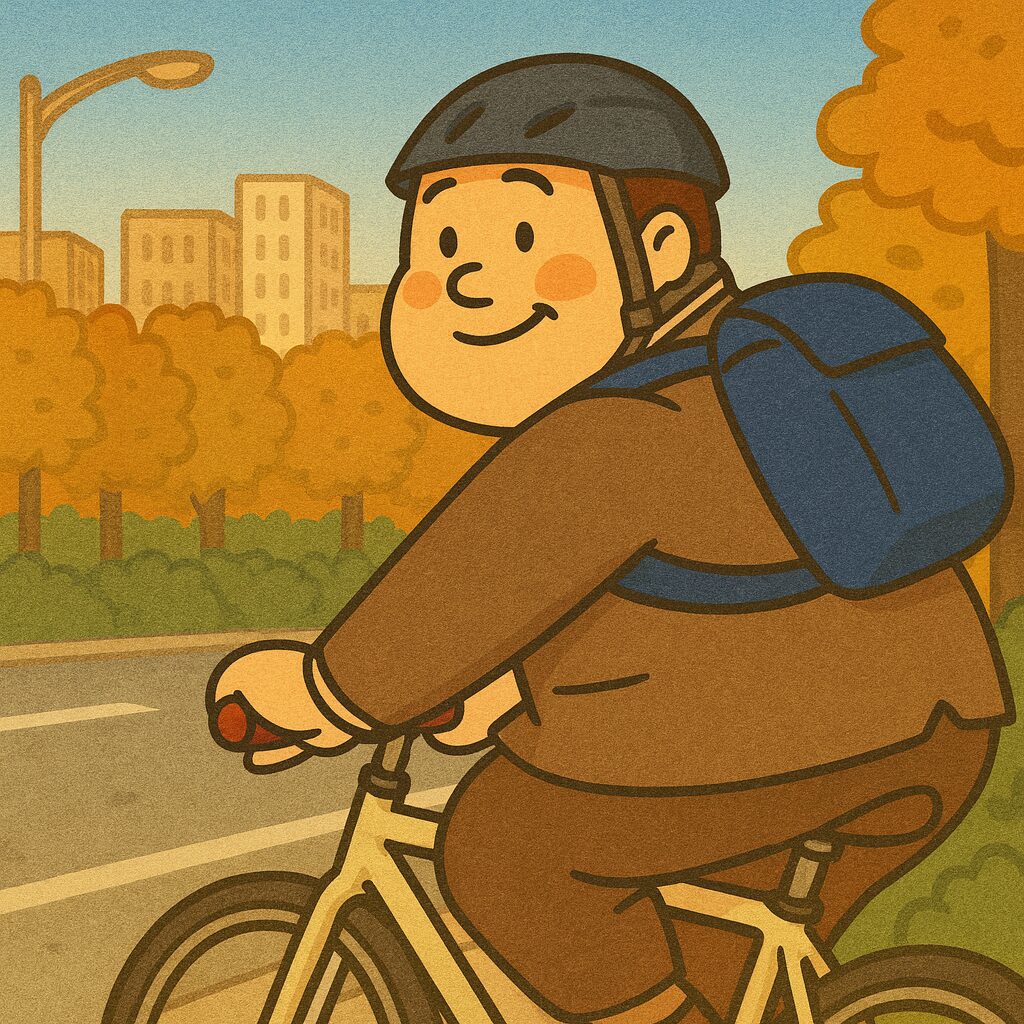 「念願の折り畳み自転車デビューを果たしたおもリッチが、ヘルメットをかぶりリュックを背負って街中を気持ちよさそうに走っている。背景には高層ビルと秋色の街路樹が並び、晴れた朝の通勤風景が広がっている。」