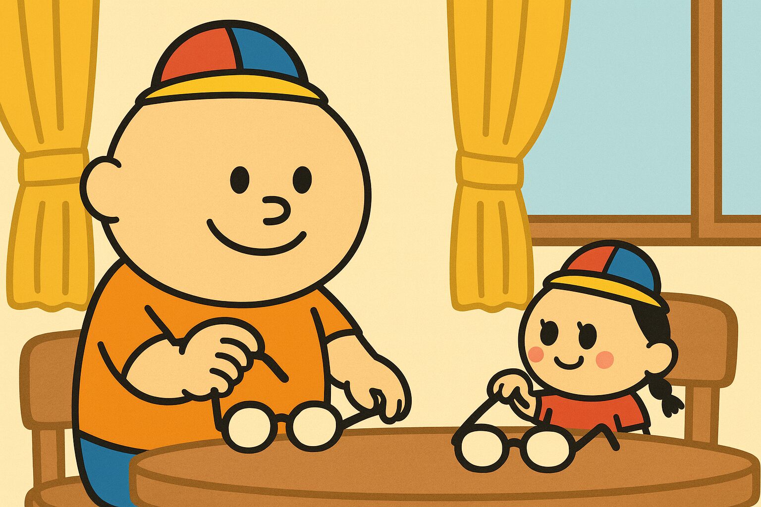 「ダイニングルームのテーブルで、デカたま様と小顔ちゃんがそれぞれ掛けていた眼鏡を外し、テーブルの上にそっと置こうとしている様子。落ち着いた室内で、二人とも笑顔で向き合い、ほのぼのした雰囲気が漂っている。」