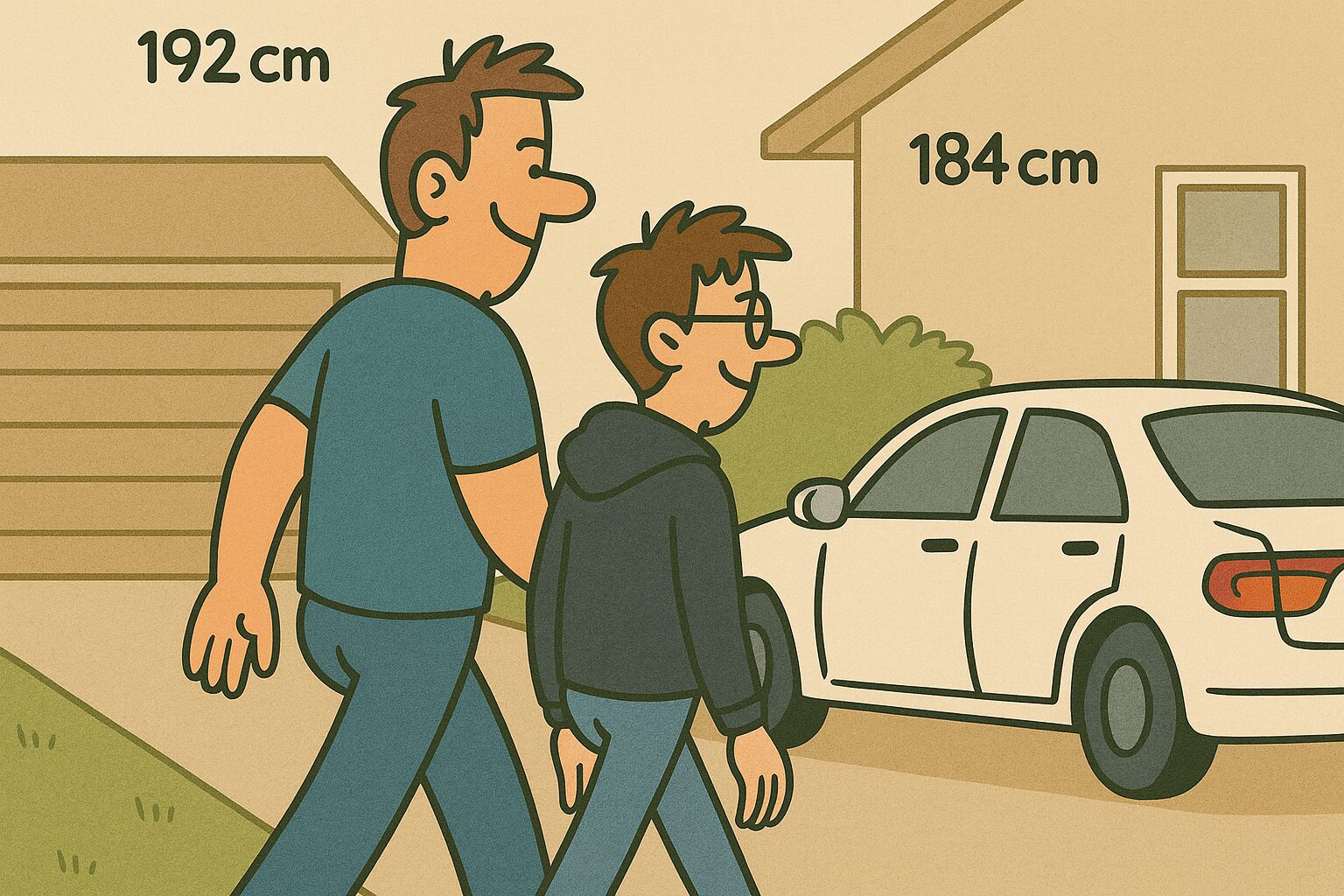 「身長192cmの若いマッチョな父親と、184cmの細身の息子が並んで歩きながら、自宅の駐車場に停めた車へ向かっている。柔らかい色合いの漫画風タッチで、親子の背の高さの違いもわかりやすく描かれている。」