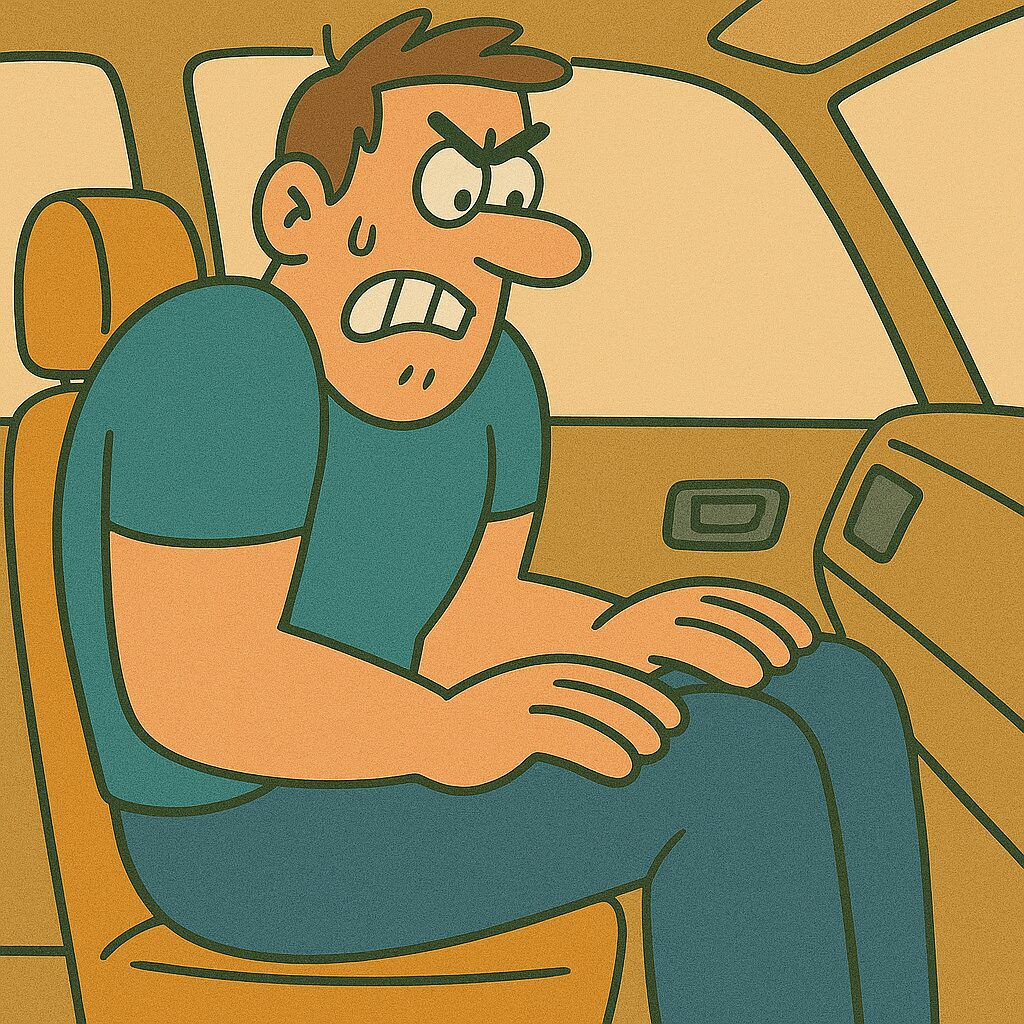 「身長192cmの大柄なお父さんが、車の助手席に座った途端、シートの幅が狭すぎて体が収まらず、膝がダッシュボードにゴツンと当たっている。漫画風のタッチで、窮屈さに困り顔をしている様子がユーモラスに描かれている。」