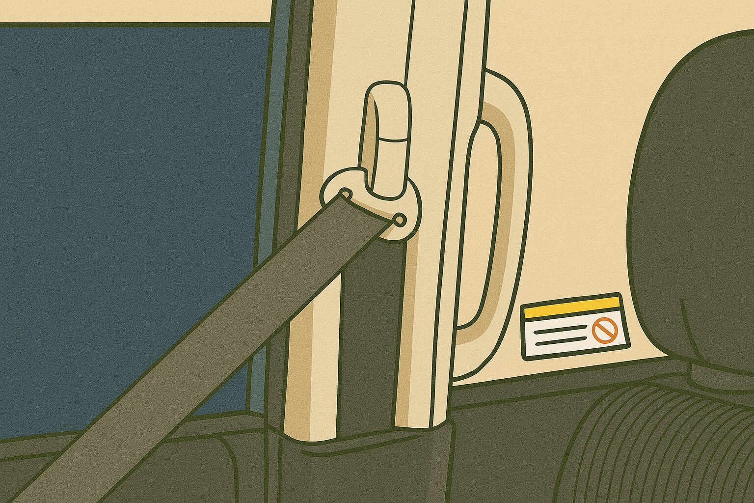 「車のBピラーに取り付けられたシートベルトの取り出し口を横から見たイラスト。ベルトが斜めに伸び、取っ手や内装パネル、注意書きステッカーが漫画風の柔らかいタッチで描かれている。」