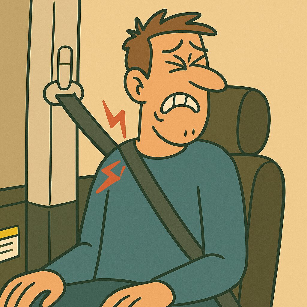 「身長192cmの男性が車の運転席に座っているが、シートベルトの出てくる位置が肩より20cm以上も低く、右肩に斜め上から食い込んで強い痛みを感じている。漫画風のタッチで、男性が顔をゆがめて苦しむ様子が描かれている。」