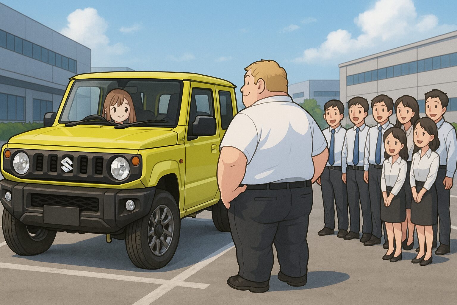 会社の広い駐車場で、黄色い軽自動車に乗った華奢で可愛い女の子を、身長192cm・体重115kgのオーバーサイズ倶楽部のおもリッチさんと、10人の同僚たちが笑顔で囲んで見ている場面のイラスト。車はスズキのジムニーで、皆が新車を興味深そうにのぞき込んでいる。
