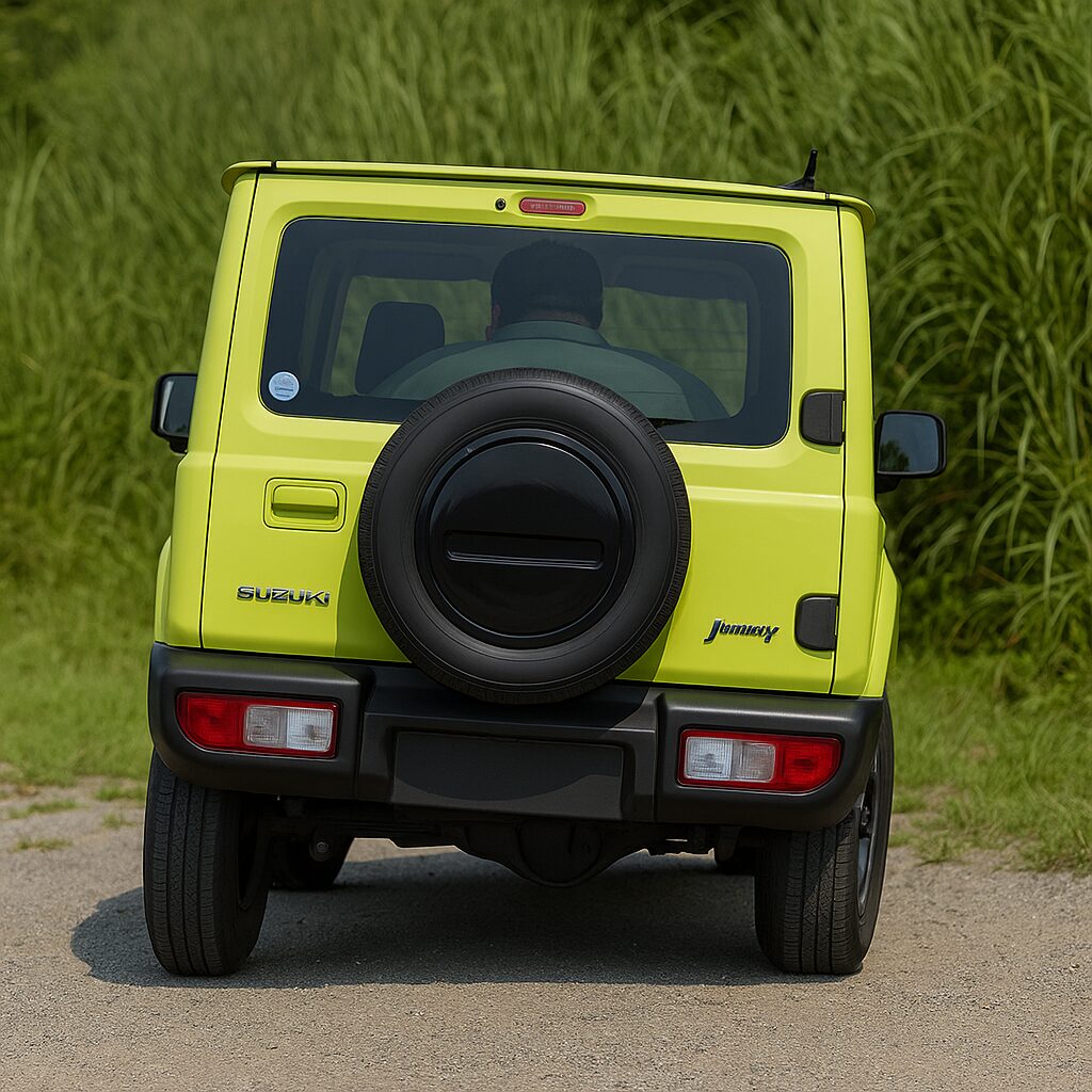 体重115kgの男性が運転席に座ったことで、軽自動車が運転席側だけ沈んで傾いている様子を、車の後ろから見た絵。車内には大柄な男性の後ろ姿が見える。背景は草むらのある屋外。