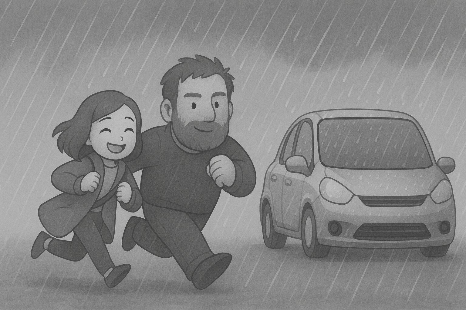 小雨の降る昼間、身長192cmの大柄な男性と158cmの若い女性が、10メートル先に停めた車へ小走りで向かっているモノクロイラスト。男性は大柄で肩幅が広く、女性は笑顔で楽しそうに駆け寄り、右側には雨粒に濡れたコンパクトカーが描かれている。