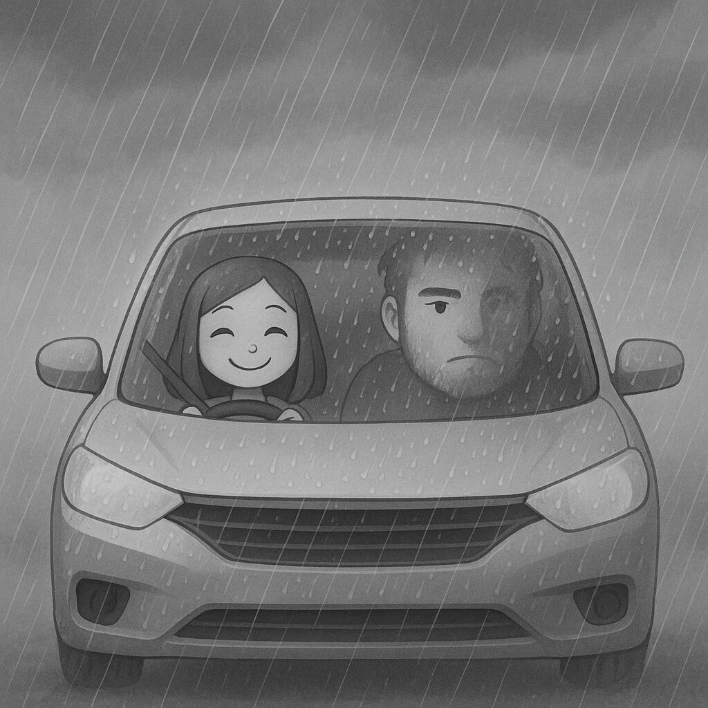 雨の中、ハンドルを握る可愛い女性と、助手席で大柄な男の人が、ワイパーの可動域のが、顔の左半分が外れているために雨粒で外が見えづらくなっているモノクロイラスト。