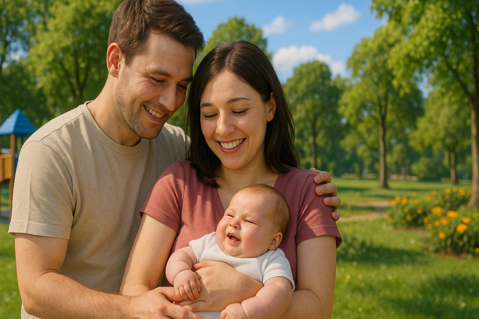 「身長172cmのお父さんが158cmのお母さんの肩をそっと抱き寄せ、体重4000gの大きな赤ちゃんをお母さんが優しく抱っこしている。背景は晴れた日の公園で、遊具や木々、草花が広がる中、家族が笑顔で並んでいる。」