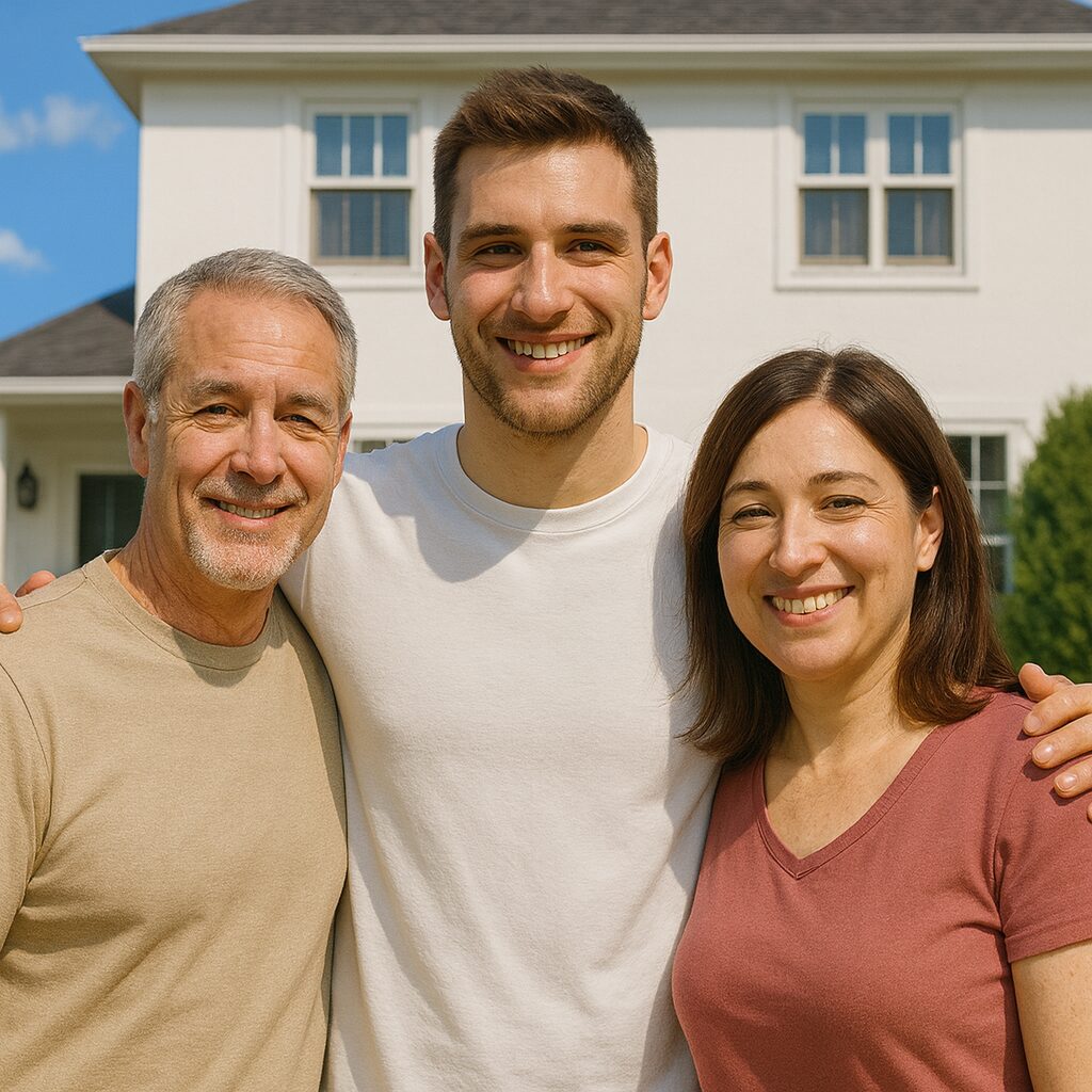 「白い外壁の自宅前で、身長192cmに成長した20歳の息子が中央に立ち、白髪まじりの55歳のお父さんと50歳のお母さんの背中にそっと手を添えている。3人が並んで微笑む、温かい雰囲気の家族写真。」