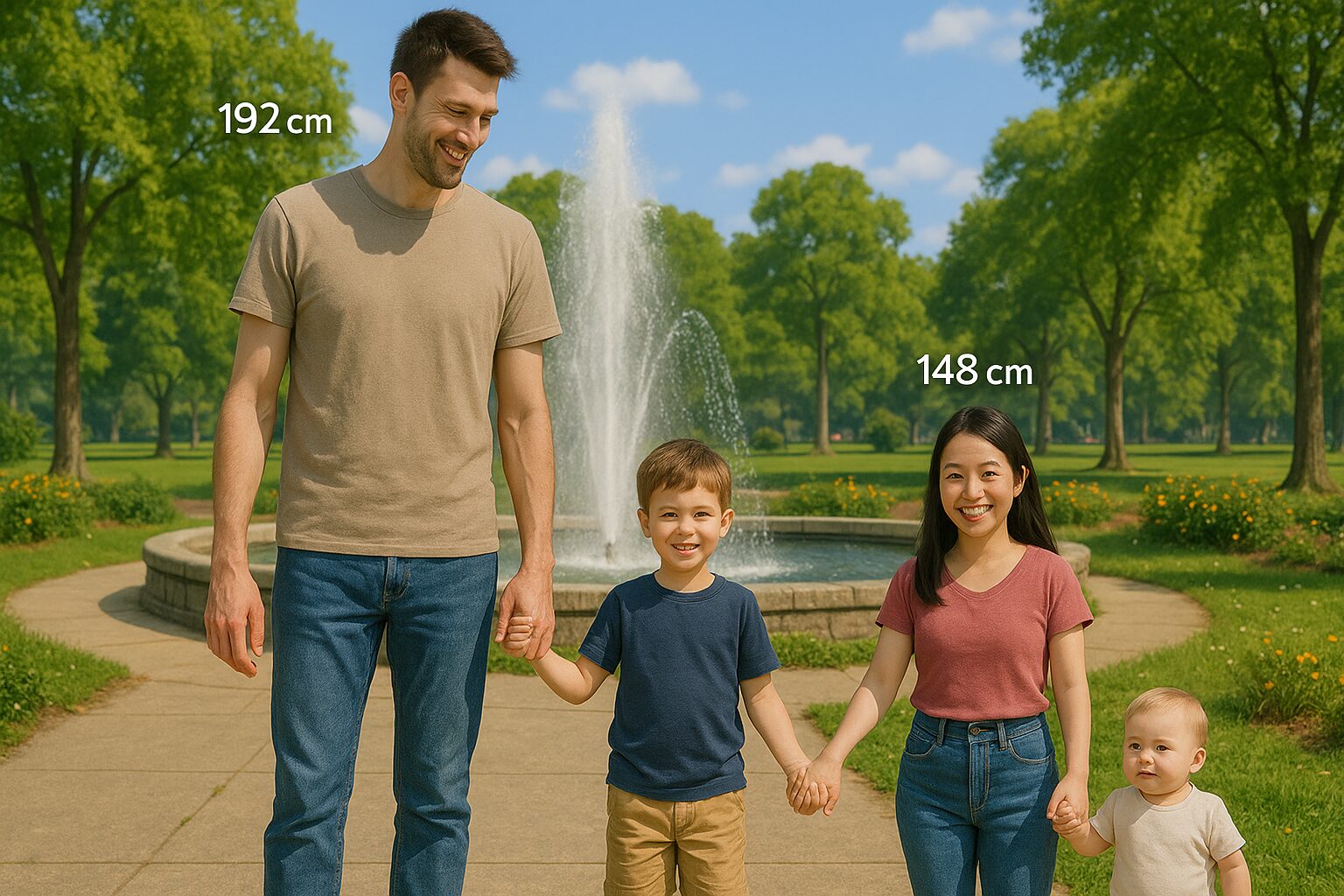 「公園の噴水の前で、身長192cmの高身長のお父さんと、身長148cmの小柄なお母さんが、3歳の長男と1歳の次男と手をつないで歩いている。次男は歩けるようになったばかりでお母さんと手をつなぎ、長男は背の高いお父さんと繋がれた手が宙に浮くような高さになっている。緑の木々と花に囲まれた明るい家族の姿。」