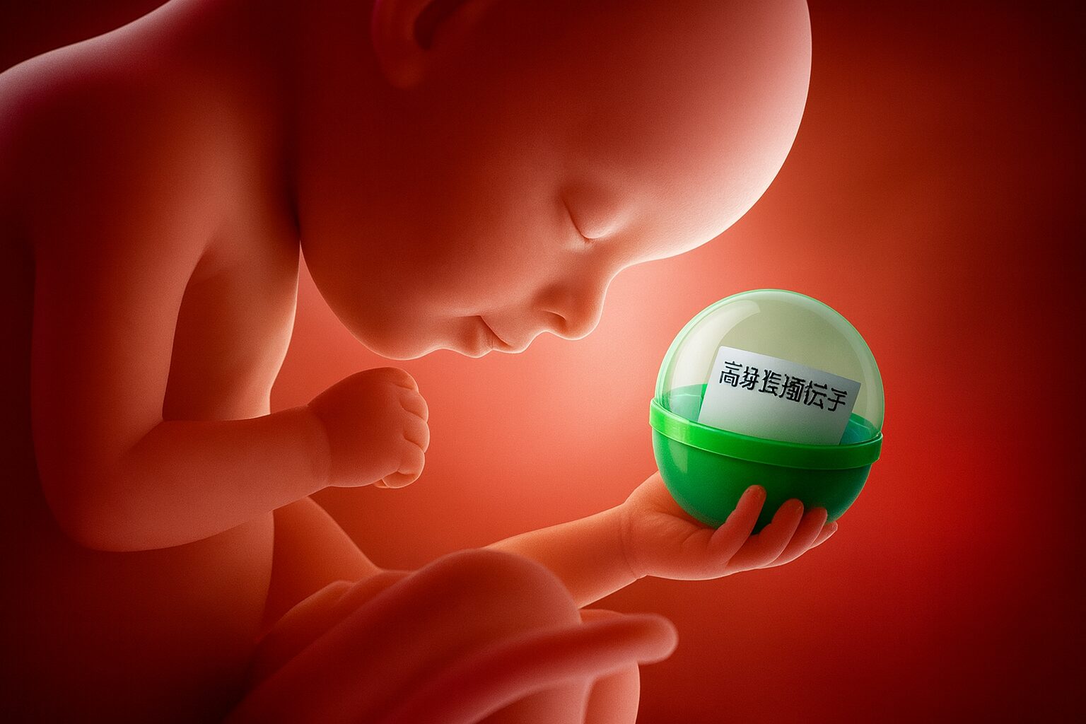 「子宮の中で眠るように丸まった胎児が、小さな手で緑色のガチャガチャカプセルを握っている。透明のカプセルには『高身長遺伝子』と書かれた紙が入っており、温かい赤い光に包まれた幻想的な雰囲気のイラスト。」