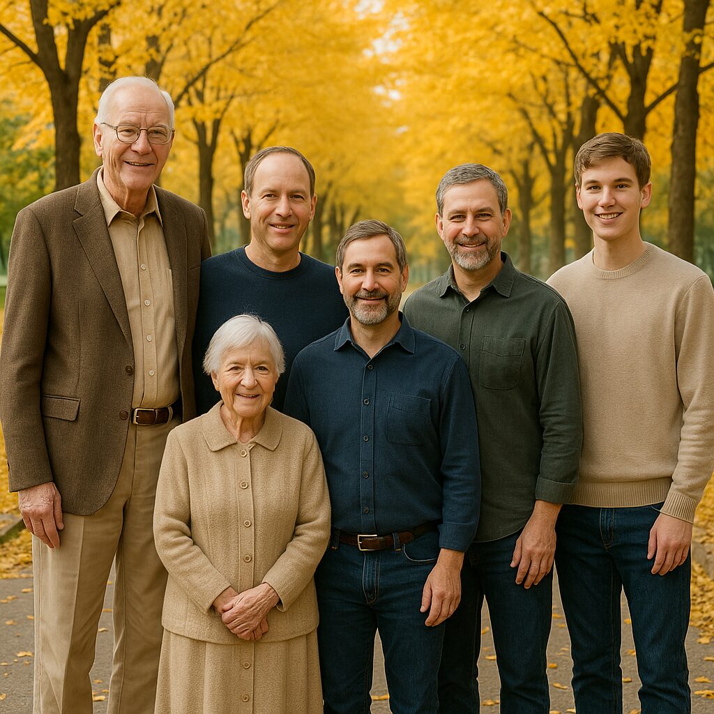 「黄金色に染まった秋のケヤキ並木の歩道で、三世代の家族7人が寄り添って立ち並んでいる。背の高いおじいちゃん、優しい雰囲気のおばあちゃん、その周りに大人の息子たちと成長した孫たちが微笑んで写っている、温かい雰囲気の集合写真。」