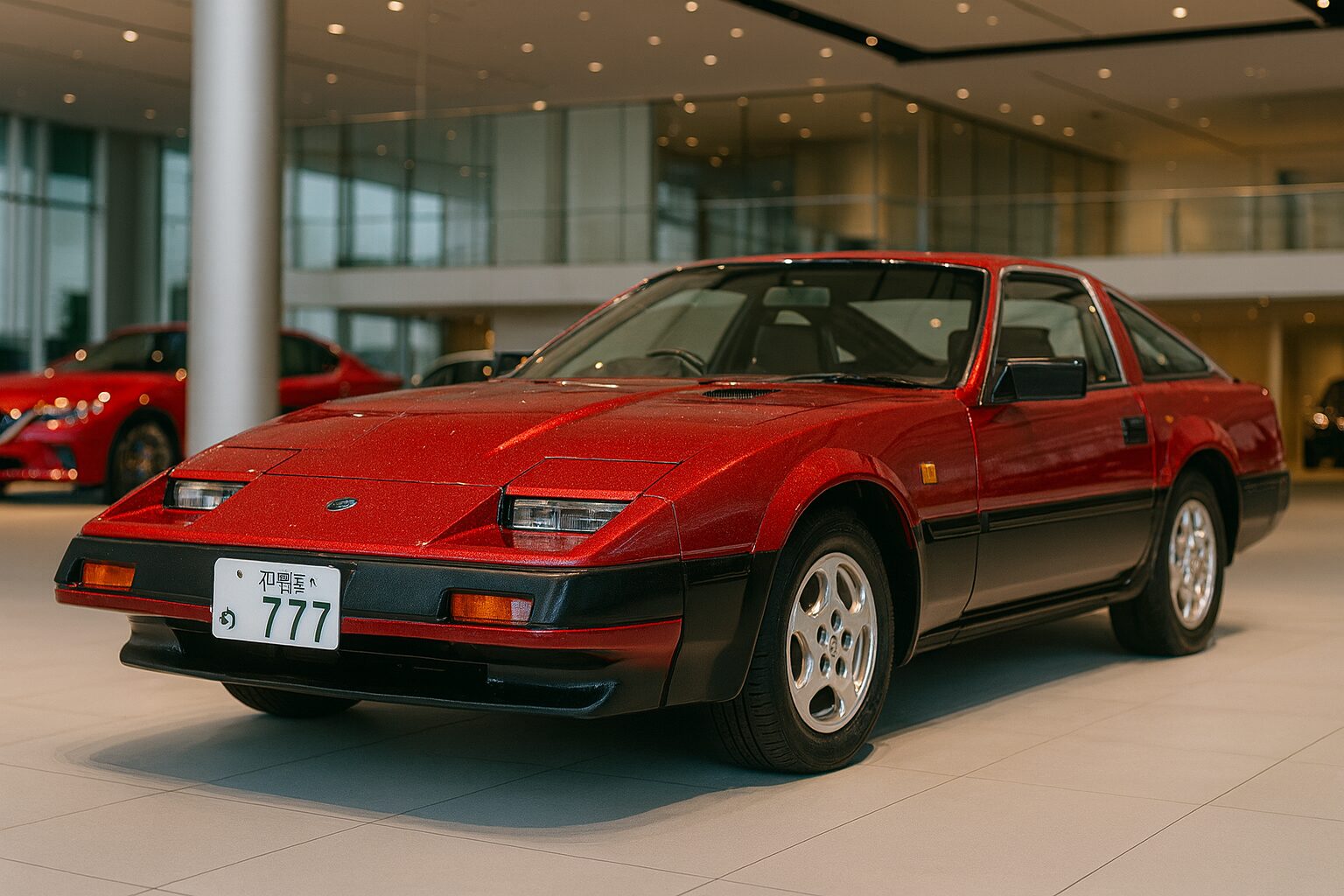 「車屋のショールームで、ラメが輝く赤いスポーツカーが展示されている。フロントナンバーは『777』で、スポットライトに照らされたボディが美しく光っている様子が印象的なスポーツカーの写真。」