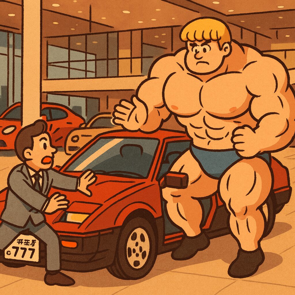 赤いスポーツカーの横で、身長2m・胸囲150cmの超マッチョマンが運転席に乗り込もうとしている様子を、ショールーム内で店員が慌てて止めている漫画風イラスト。筋肉隆々の大男と小さな車の対比がコミカルに描かれている。