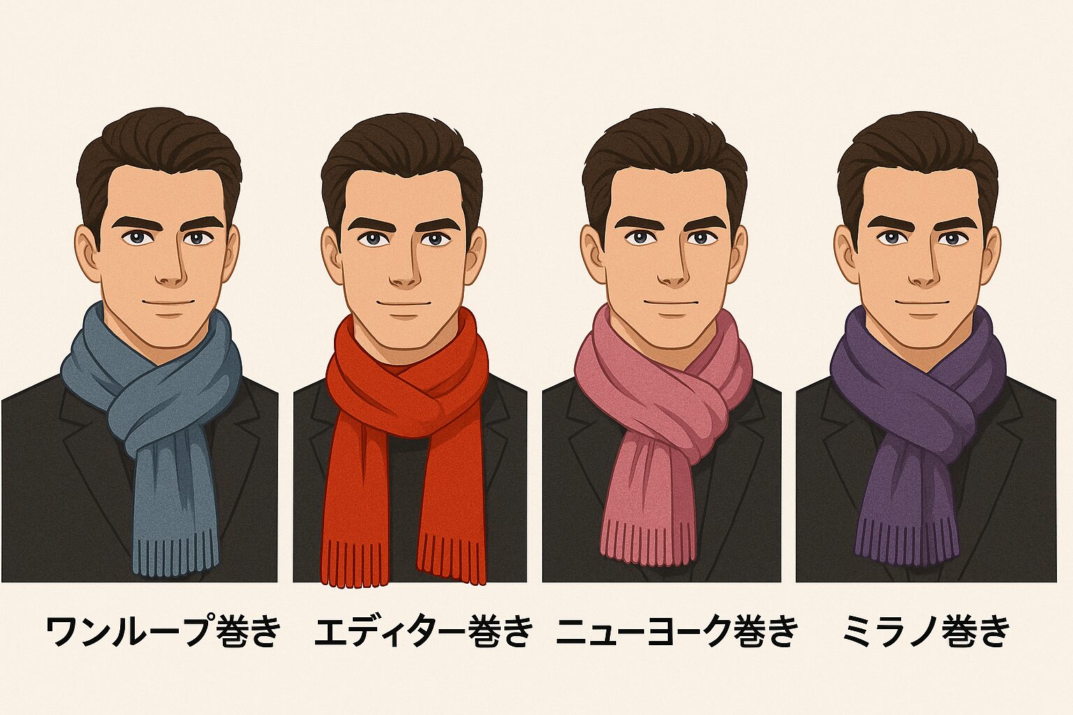 「イケメン男性4人が、それぞれ異なるマフラーの巻き方（ワンループ巻き・エディター巻き・ニューヨーク巻き・ミラノ巻き）を実演しているイラスト。各カラーのマフラーを首元に巻き、正面を向いて目を開けた状態で並んでいる。」